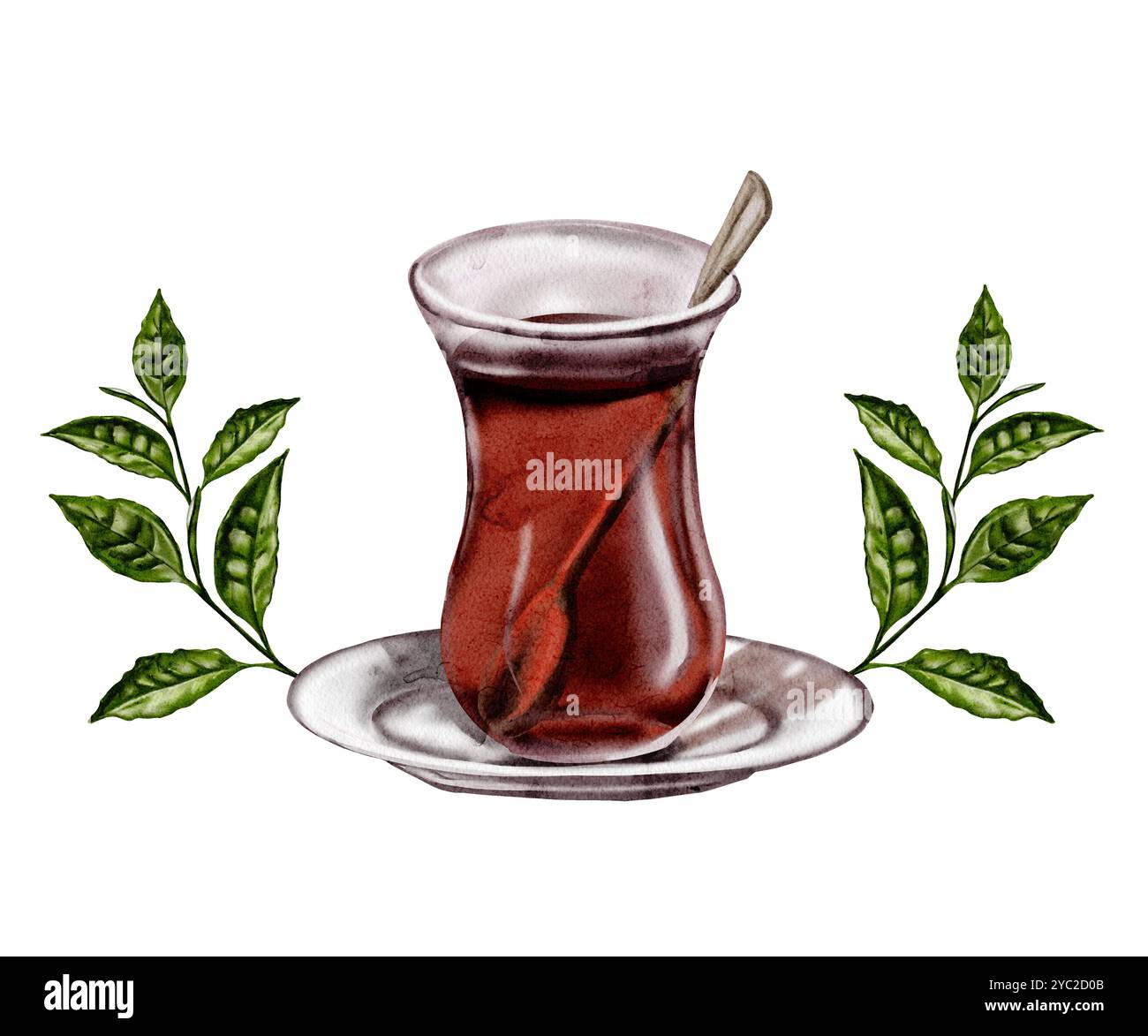 Türkischer Tee. Ein Glas Tee und eine Untertasse. Es ist ein Teelöffel in einem Glas. Traditionen der Türkei. Ein Zweig einer Teepflanze. Ein paar grüne Blätter. Duftend Stockfoto