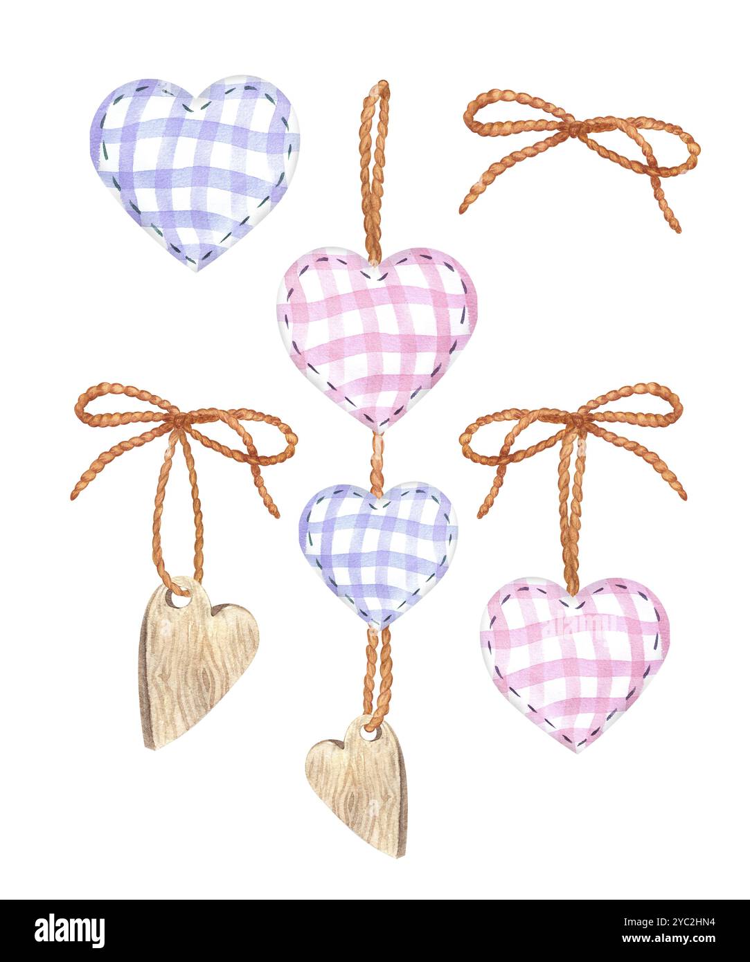 Set von Anhängern mit Herzen aus Stoff und Holz mit Jute-Seilen. Isolierte Komposition, handgezeichnet mit Aquarell auf weißem Hintergrund. Colle Stockfoto