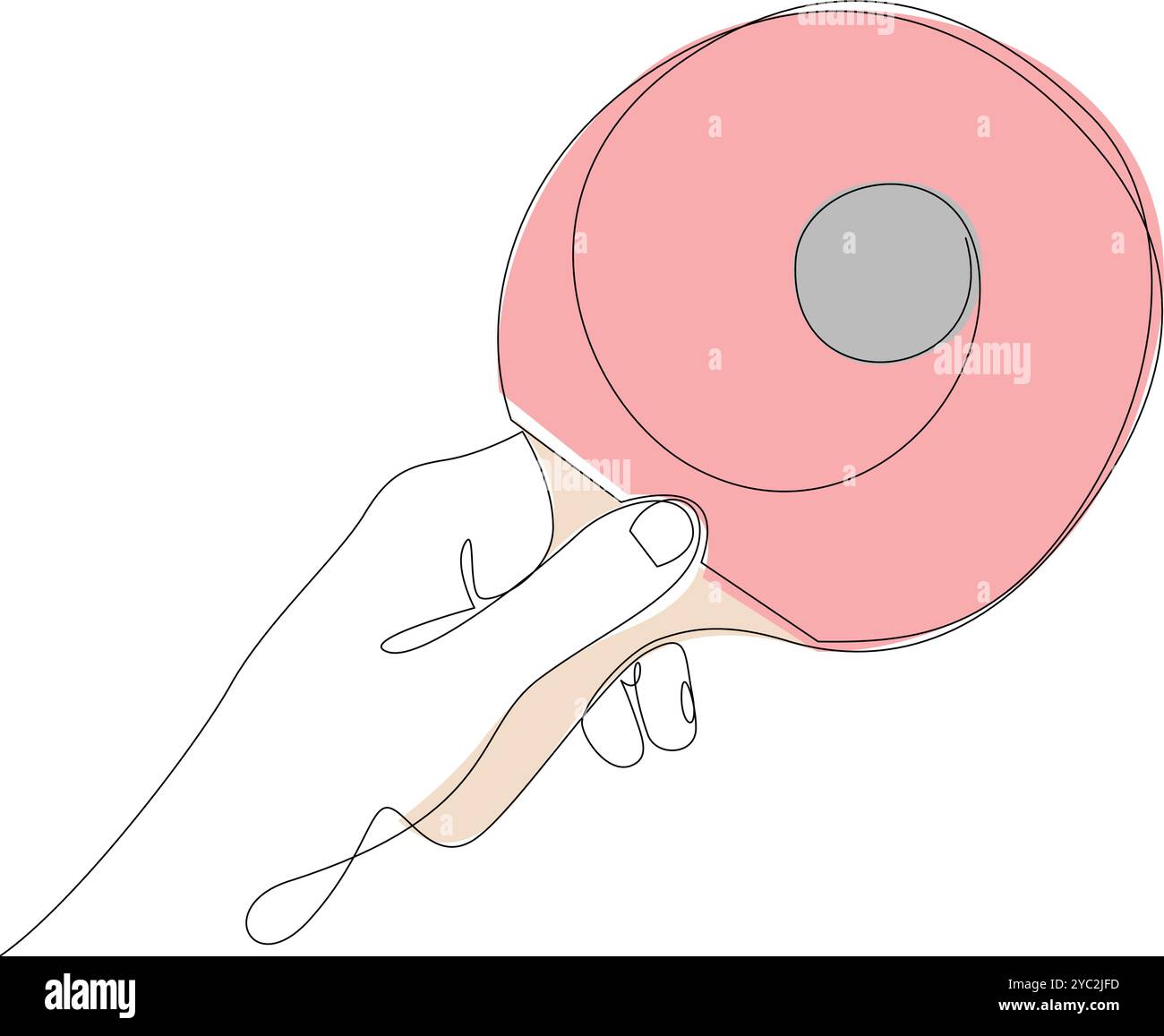 Tischtennisschläger mit Ball in der Hand, fortlaufende Linienzeichnung. Tischtennis One Line Art. Abbildung eines einzeiligen Vektors. Bearbeitbare Kontur Stock Vektor