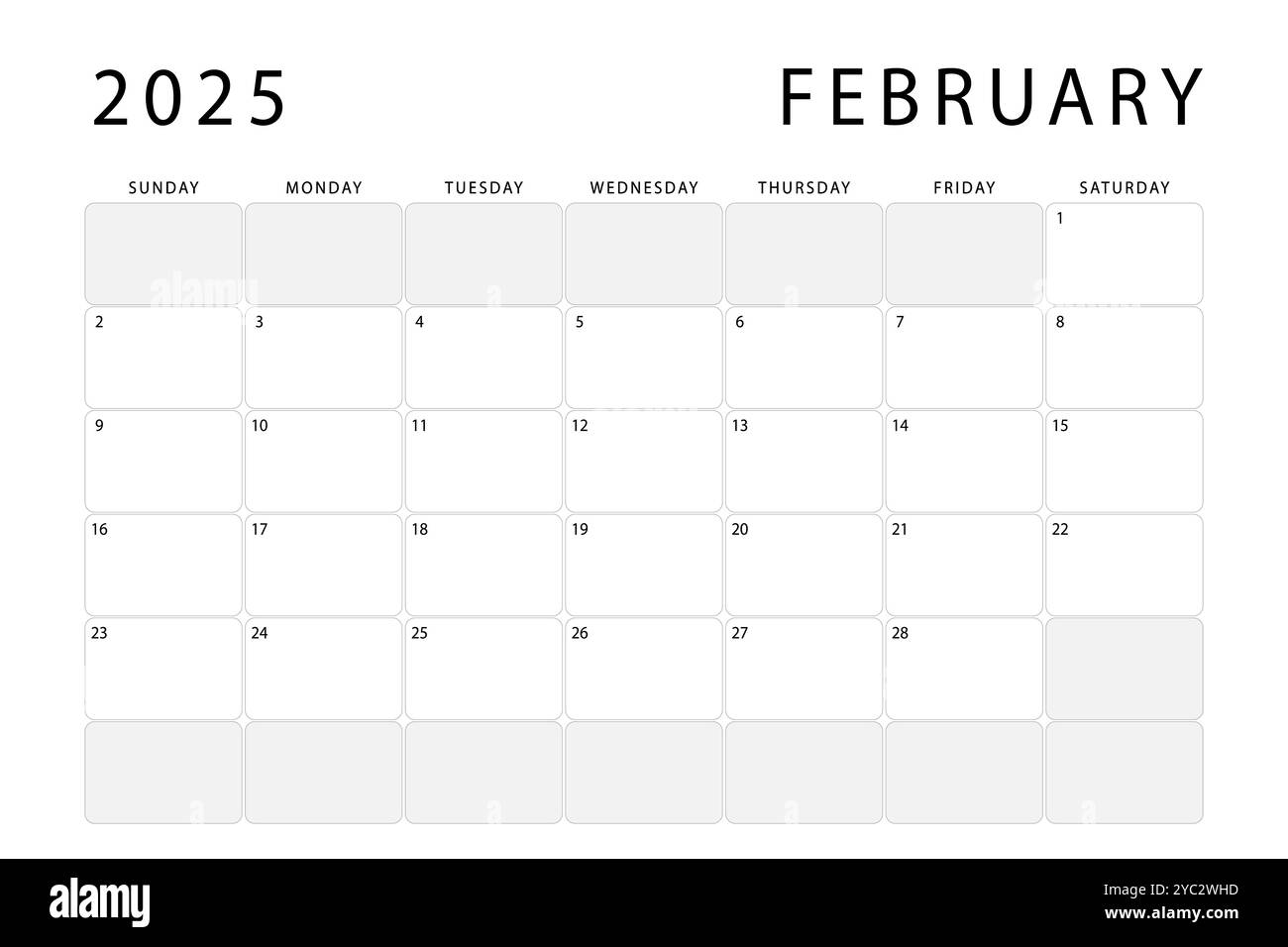 Monatsplaner Februar 2025. Kalendervorlage. Sonntag beginnt. Vektordesign Stock Vektor