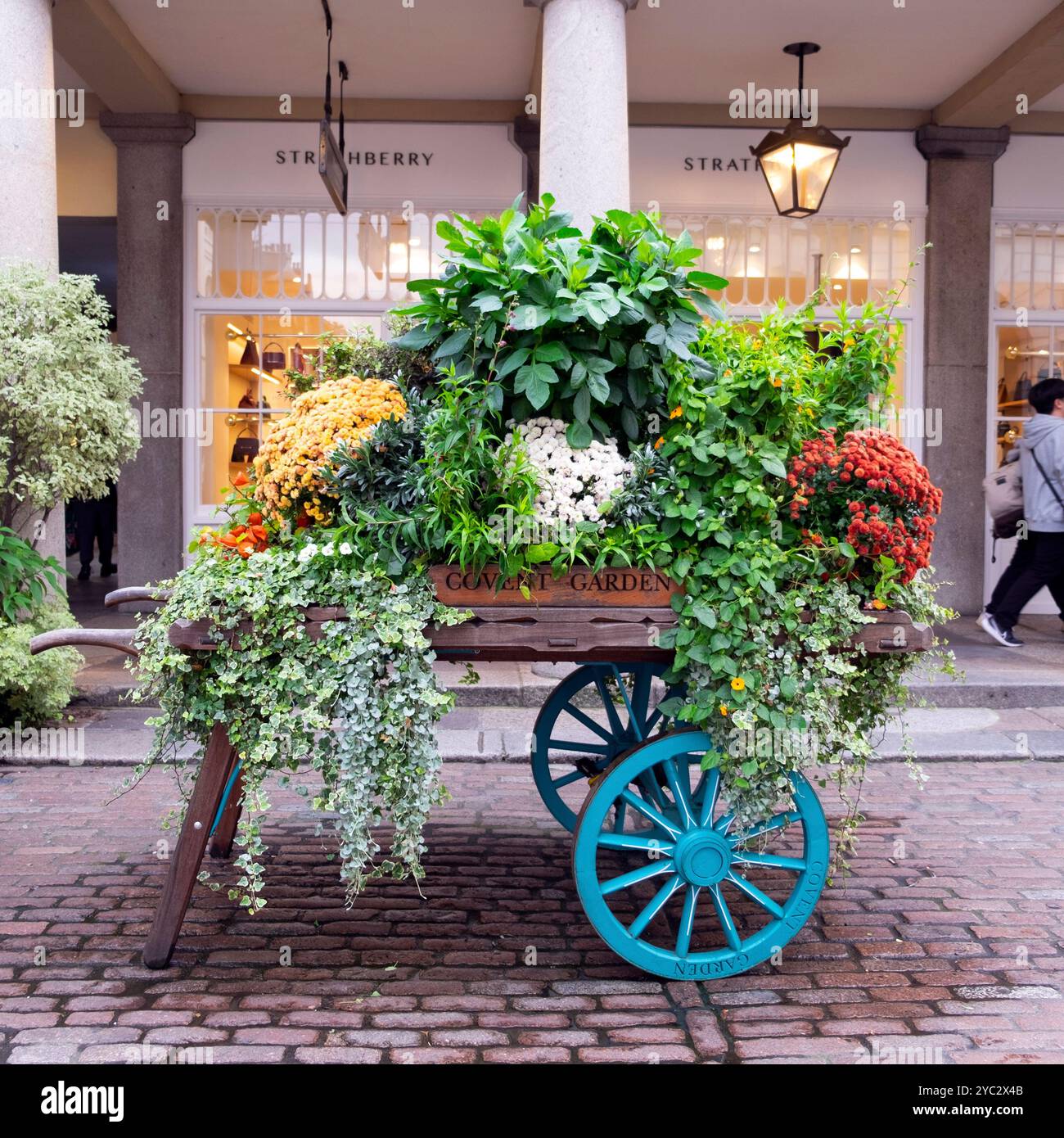 Vintage Covent Garden Market Carts dekoriert mit Pflanzen Blumen Blumen Blumen Display im Herbst Oktober 2024 London England UK KATHY DEWITT Stockfoto