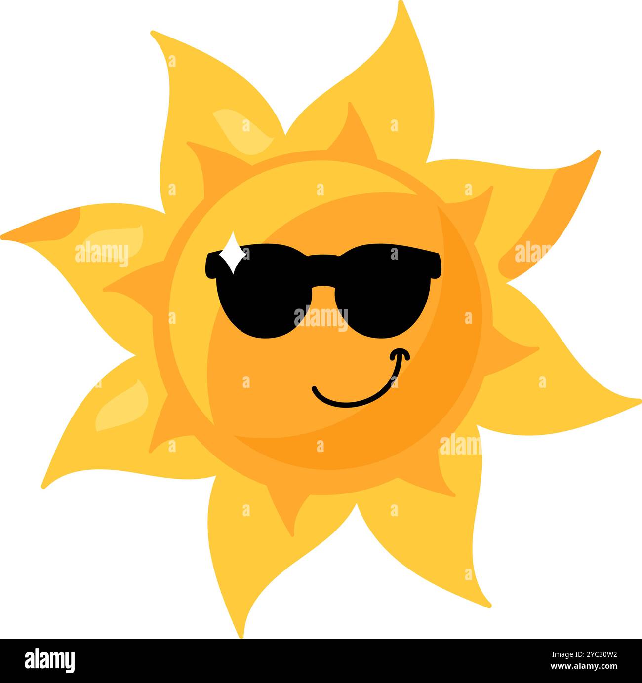 Eine lebendige Vektor-Illustration der stilisierten Sonne in Sonnenbrille in hellgelber Farbe in einem Cartoon-Stil. Das Gesicht der Sonne ist verspielt und einladend, Radiati Stock Vektor