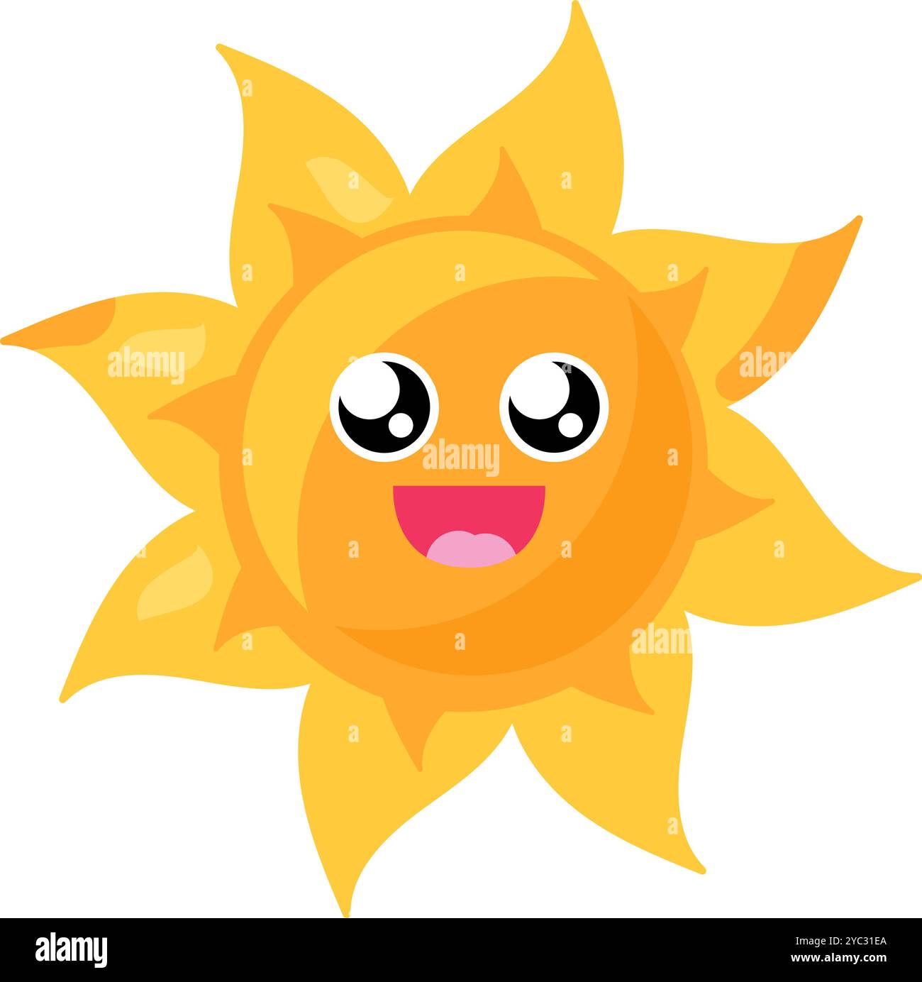 Eine lebendige Vektor-Illustration der stilisierten Sonne mit einem charmanten Lächeln in hellgelber Farbe in einem Cartoon-Stil. Das Sonnengesicht ist freundlich und einladend Stock Vektor