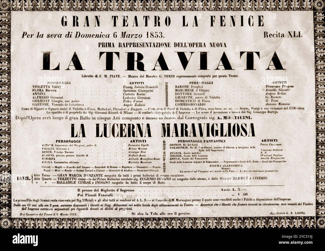 Poster der Uraufführung von La Traviata, Oper von Giuseppe Verdi (1813–1901), am 6. März 1853 im Theater La Fenice in Venedig Stockfoto