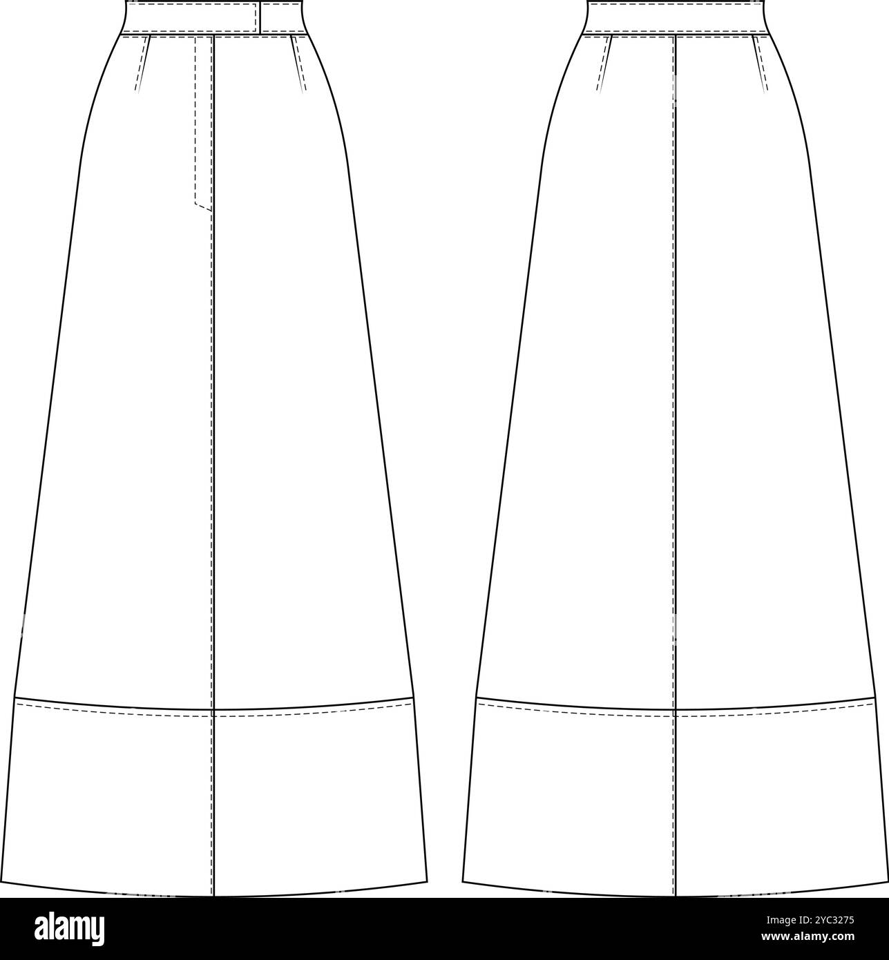 Maxi-Länge mit Reißverschluss und Maxi-Länge A-Linie Rock-Vorlage technische Zeichnung flache Skizze cad-Modell Mode-Wom Stock Vektor