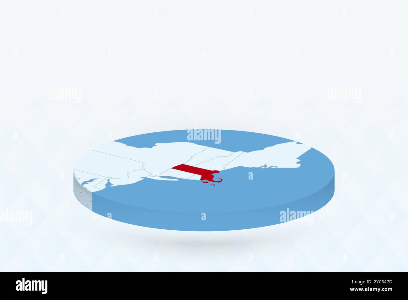 Isometrische 3D-Karte, die Massachusetts in Rot hervorhebt. Vektorabbildung. Stock Vektor