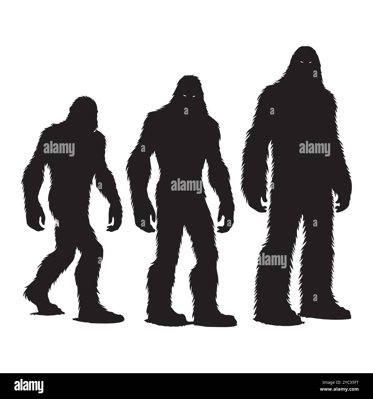 Satz von Sasquatch-Silhouetten isoliert auf weißem Hintergrund, Vektorillustration. Stock Vektor