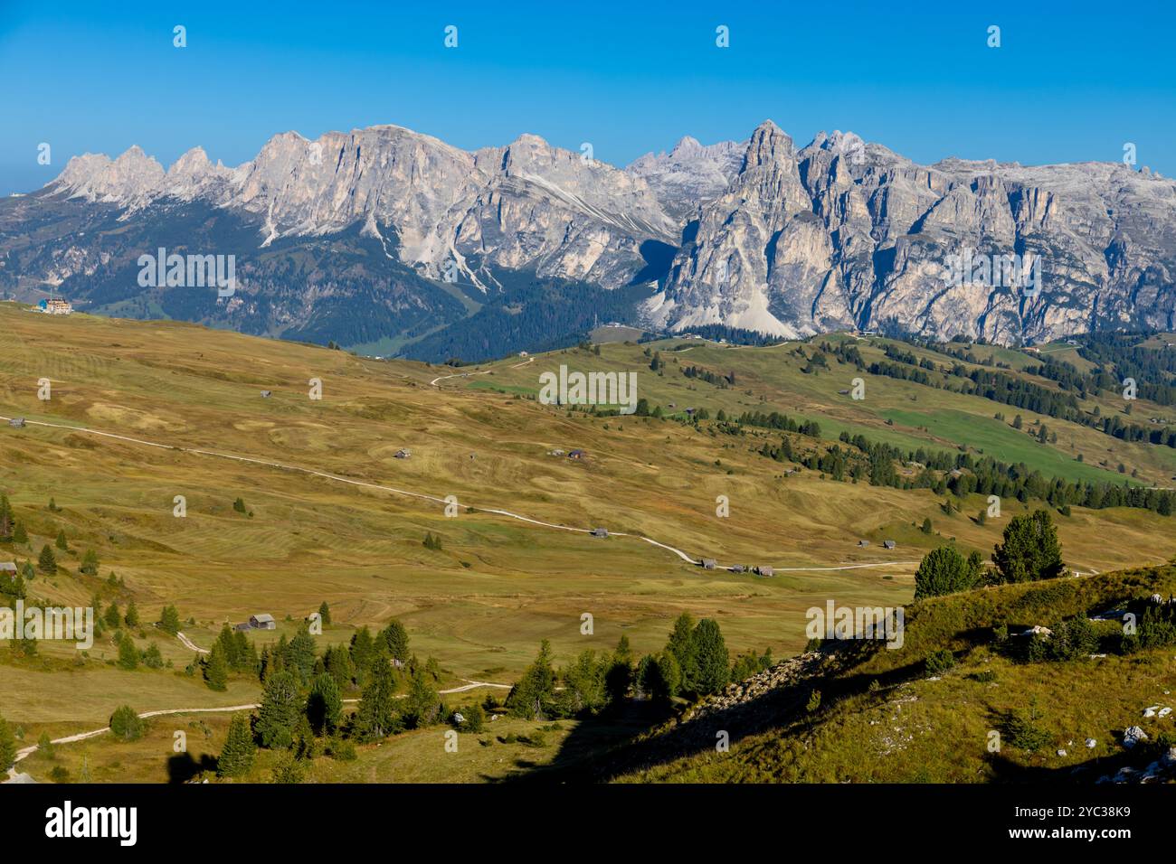 Dolomiti di Settsass Bergkette Sommerlandschaft mit wunderschönen Berggipfeln in den Dolomiten an einem sonnigen Tag mit blauem Himmel. Gelbes Herbstgras Stockfoto