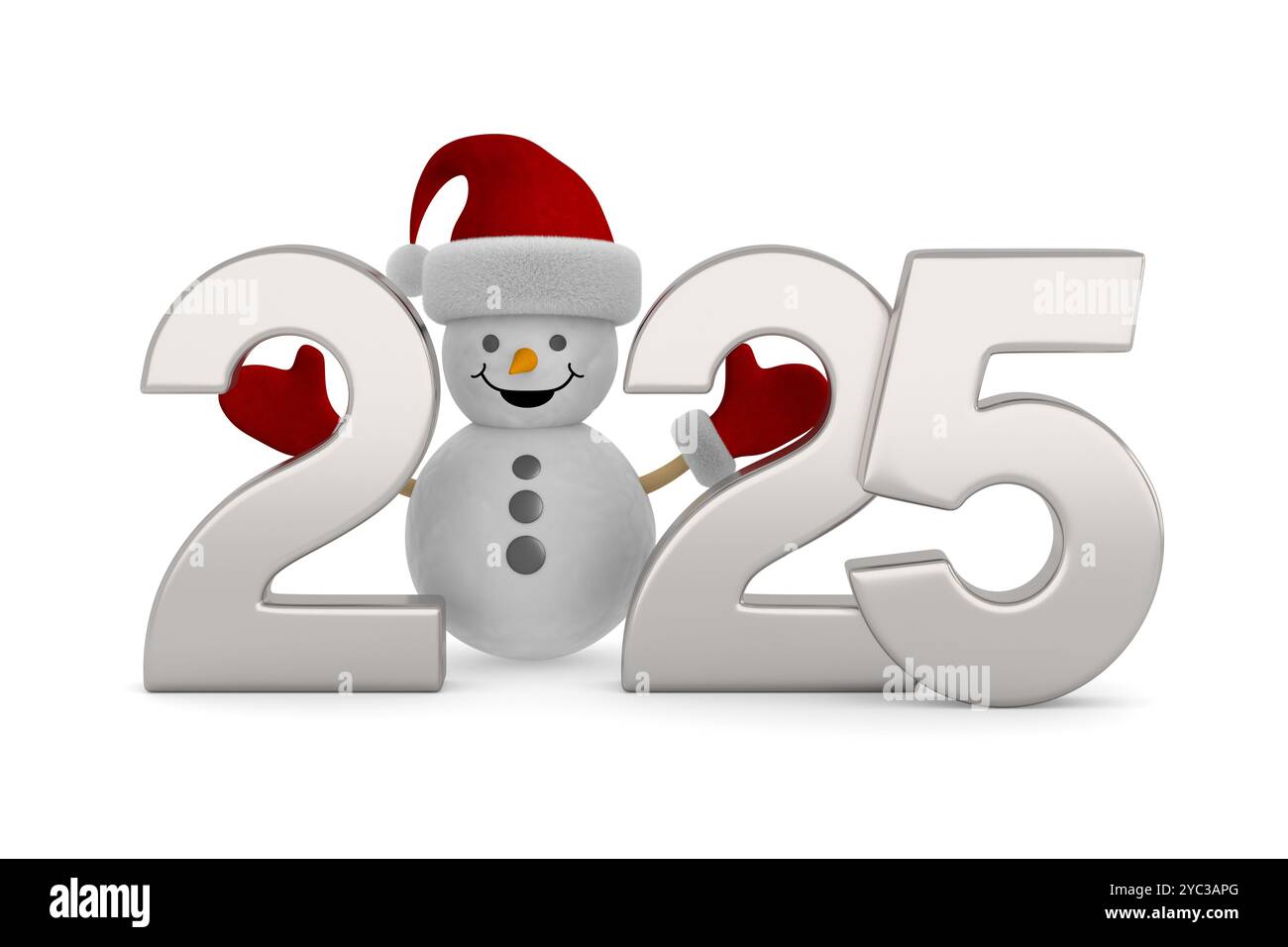 Neujahr 2025. Schneemann auf weißem Hintergrund. Isolierte 3D-Darstellung Stockfoto