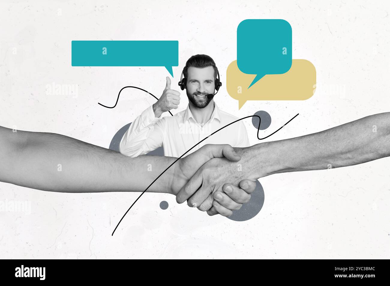 Zusammengesetzte Fotocollage von Happy man Manager Show Like Success Deal Handshake Gesten Dispatcher Helpline isoliert auf gemaltem Hintergrund Stockfoto