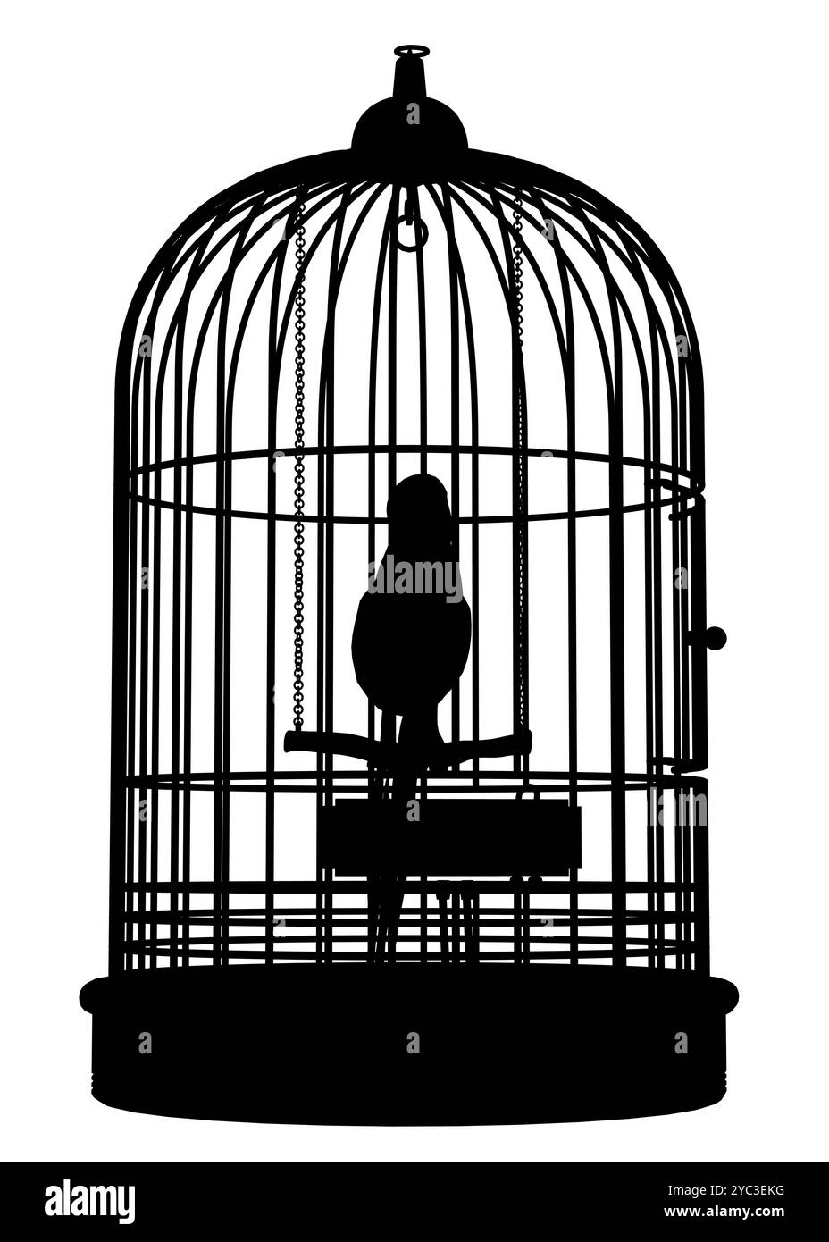 Silhouette-Papagei in einem Käfig isoliert auf weißem Hintergrund. Vorderansicht. Vektorabbildung. Eine schwarze Silhouette eines Vogels in einem dekorativen Vogelkäfig Stock Vektor