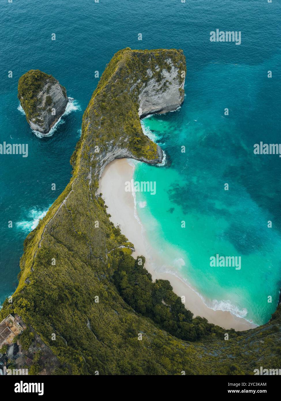 Blick aus der Vogelperspektive auf den atemberaubenden Kelingking Beach auf Nusa Penida Island, Bali Stockfoto