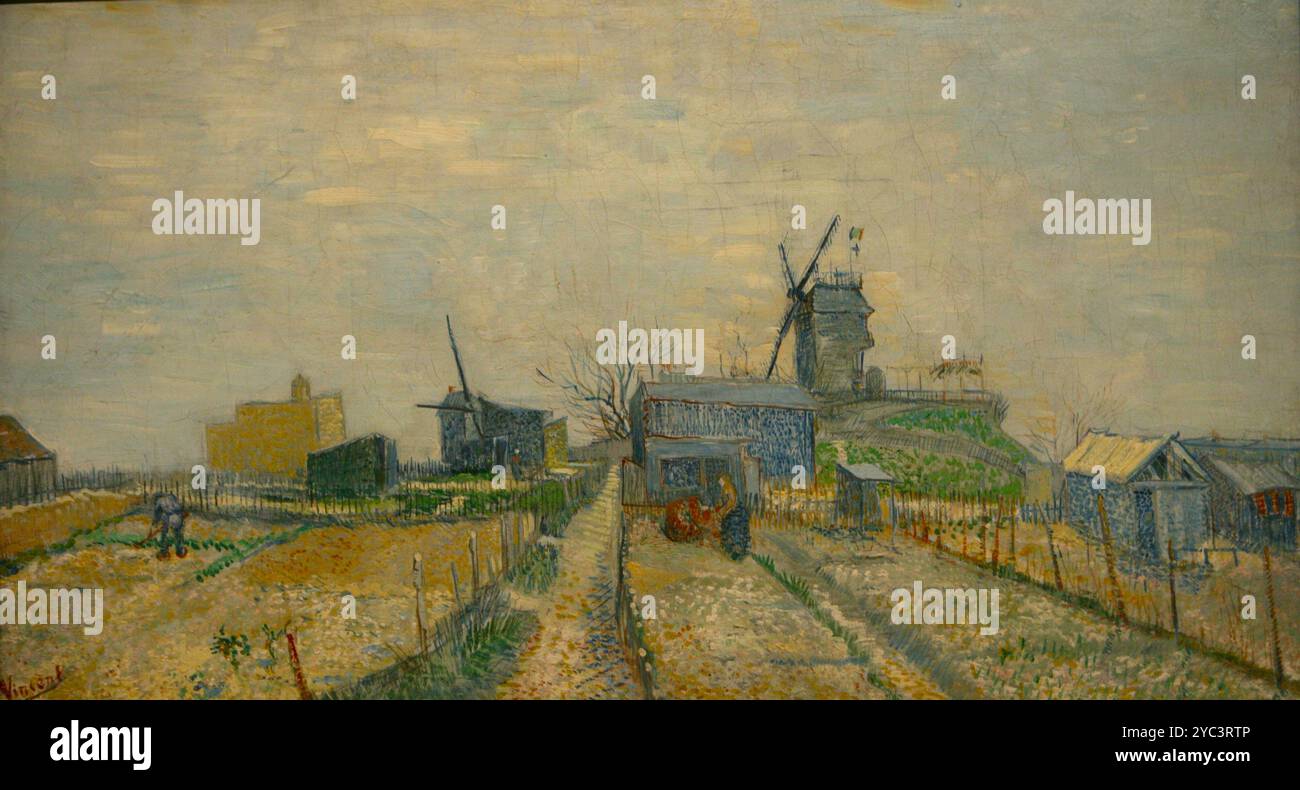 Ein Gemälde von Vincent van Gogh mit dem Titel Gemüsegärten in Montmartre. Auch bekannt als Gemüsegärten und Moulin de Blute-Fin, Montmartre Stockfoto