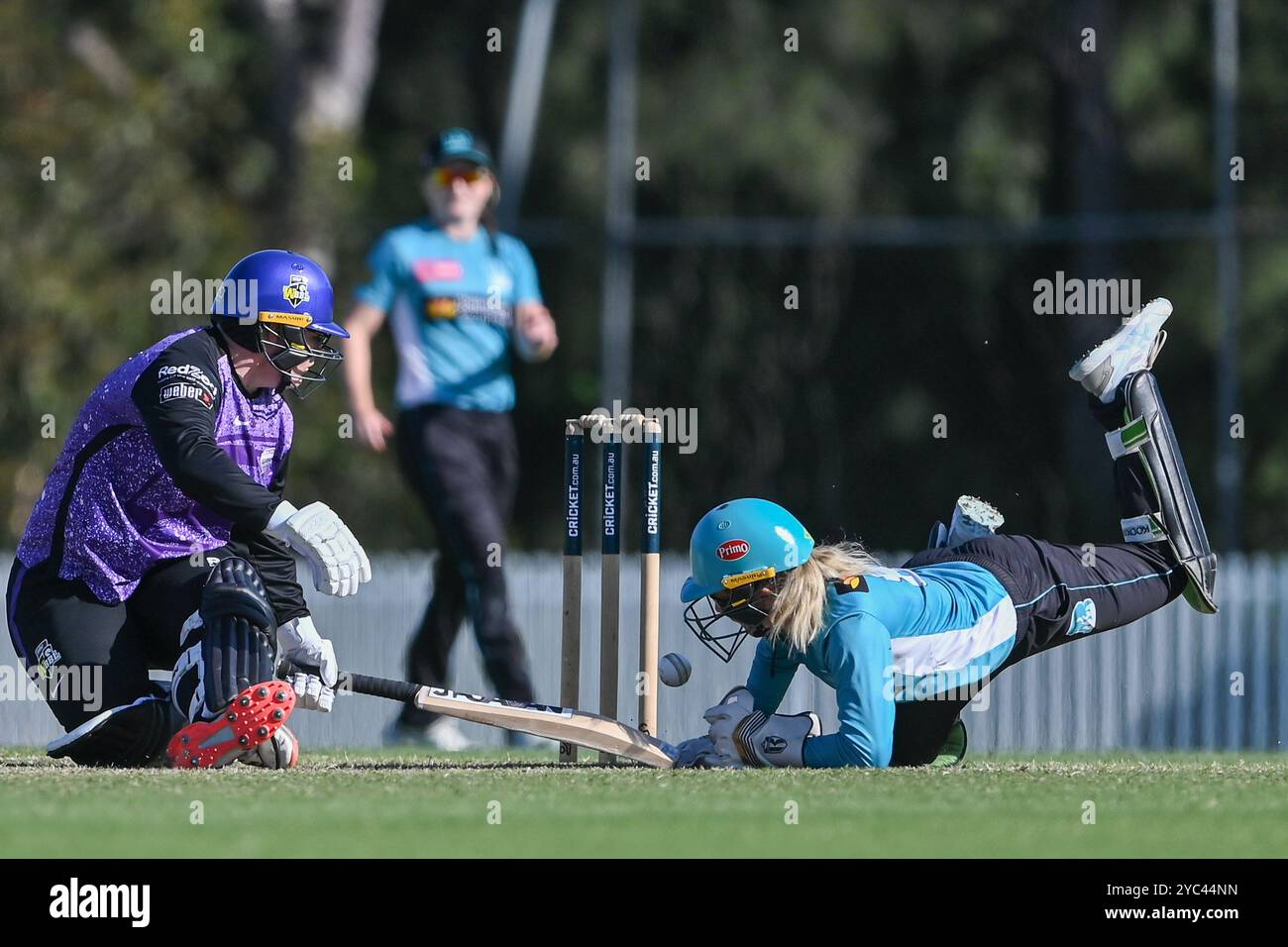 Sydney, Australien. Oktober 2024. Georgia Redmayne von Brisbane Heat versucht, Lizelle Lee von Hobart Hurricanes während des T20 Spring Challenge Final Matches zwischen Brisbane Heat und Hobart Hurricanes in Cricket Central auszuschalten. Hobart Hurricanes gewann die erste Ausgabe der T20 Spring Challenge, ein neues inländisches Cricket-Turnier für Frauen im australischen Cricket, indem er Brisbane Heat im letzten Ball des Spiels mit 5 Wickets besiegte. Brisbane Hitze: 133/9, Hobart Hurricanes: 134/5. Quelle: SOPA Images Limited/Alamy Live News Stockfoto