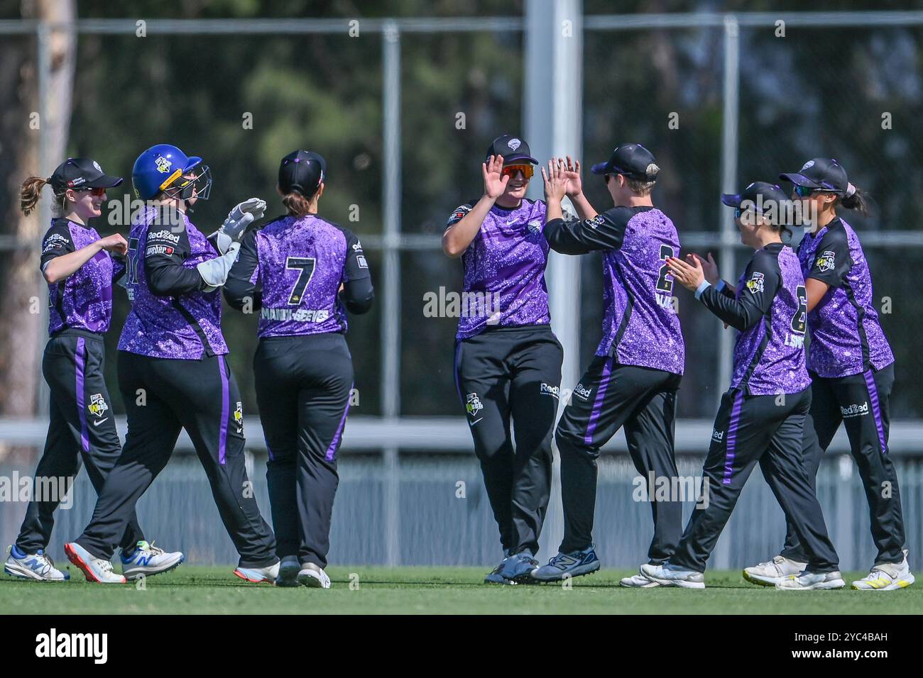 Die Spieler von Hobart Hurricanes feiern den Fang von Elyse Villani von Hurricanes, um Charlie Knott von Brisbane Heat während des T20 Spring Challenge Final-Spiels zwischen Brisbane Heat und Hobart Hurricanes in Cricket Central zu entlassen. Hobart Hurricanes gewann die erste Ausgabe der T20 Spring Challenge, ein neues inländisches Cricket-Turnier für Frauen im australischen Cricket, indem er Brisbane Heat im letzten Ball des Spiels mit 5 Wickets besiegte. Brisbane Hitze: 133/9, Hobart Hurricanes: 134/5. (Foto: Ayush Kumar/SOPA Images/SIPA USA) Stockfoto