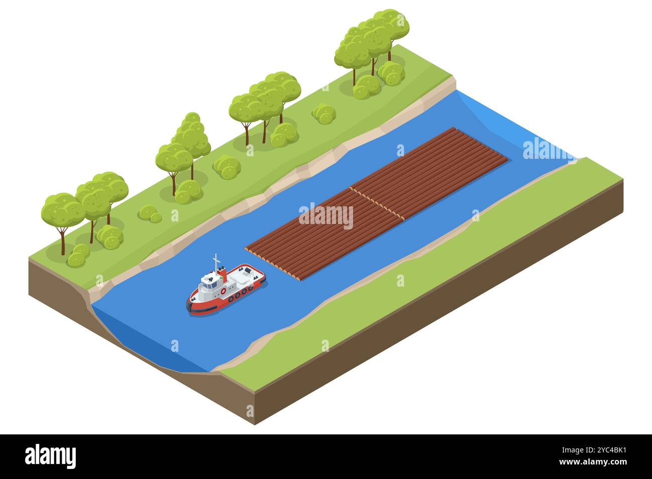 Das isometrische Rafting von Holzstämmen auf dem Fluss ist eine traditionelle Methode, Holz auf dem Wasser zu transportieren. Baumstämme schwimmen stromabwärts in Flößen oder Baumstämmen Stock Vektor