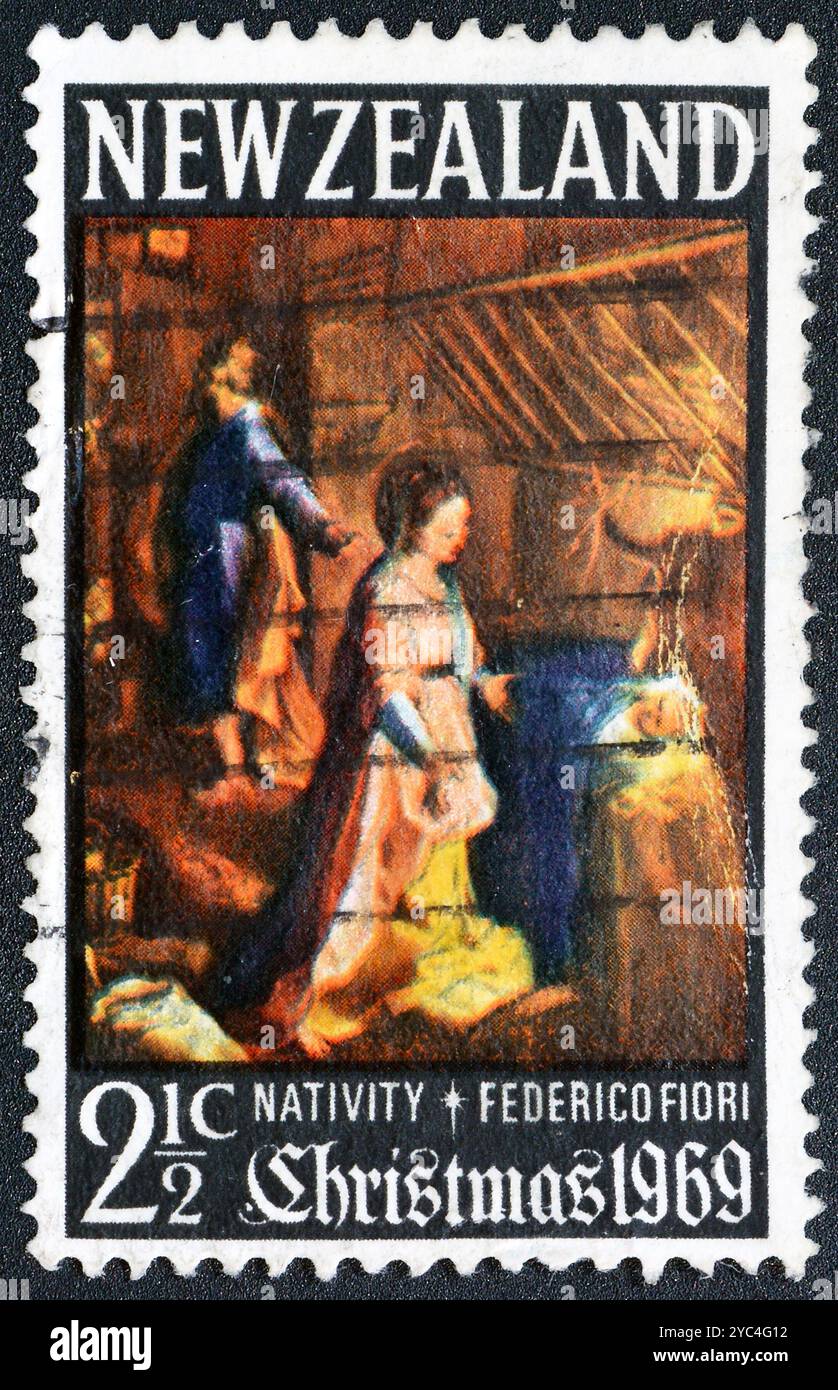 Gestempelte Briefmarke, gedruckt von Neuseeland, auf der das Gemälde 'die Geburt' (Detail) (Federico Fiori (Barocci)), Weihnachten, um 1969 gezeigt wird. Stockfoto Gestempelte Briefmarke, gedruckt von Neuseeland, auf der das Gemälde 'die Geburt' (Detail) (Federico Fiori (Barocci)), Weihnachten, um 1969 gezeigt wird. Stockfoto