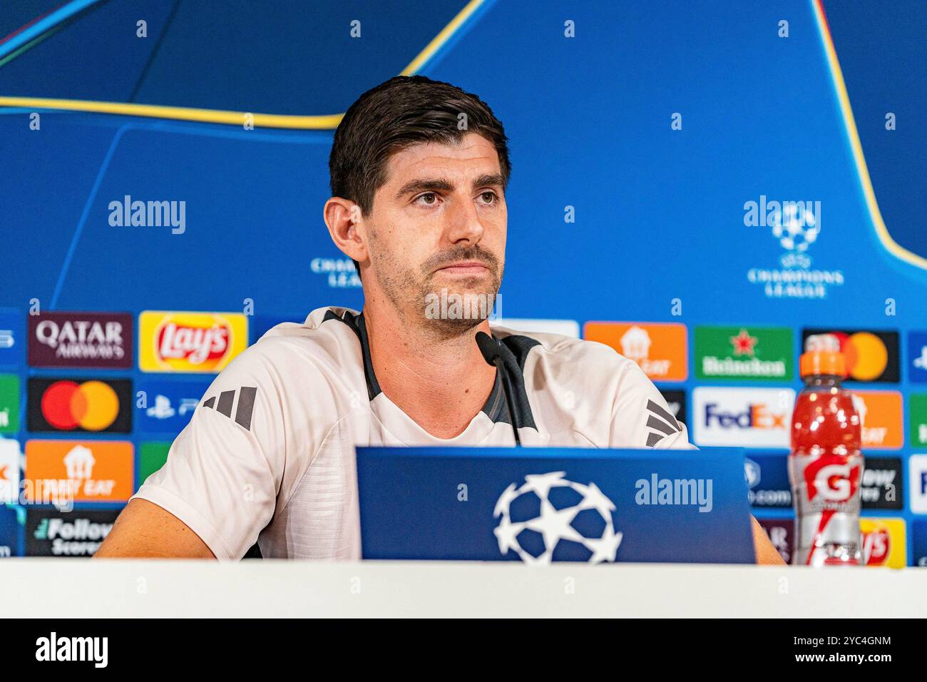 21.10.2024, Pressekonferenz vor Real Madrid gegen Borussia Dortmund, UEFA Champions League, 3. Spieltag Thibaut Courtois Pressekonferenz Stockfoto