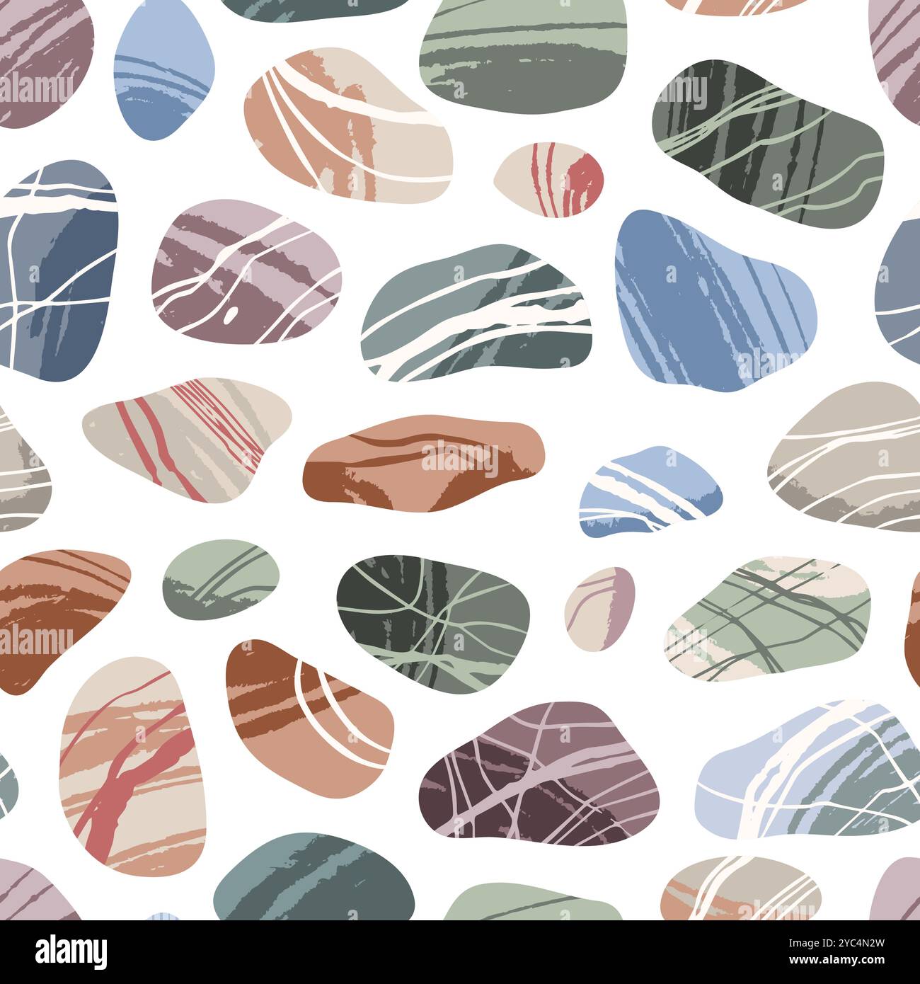 Nahtloses Muster mit Meereskieseln. Glatte, wassergewalzte Steine, abgerundete Form, verschiedene Texturen, minimalistisches Design. Dekor aus Textil, Geschenkpapier Stock Vektor