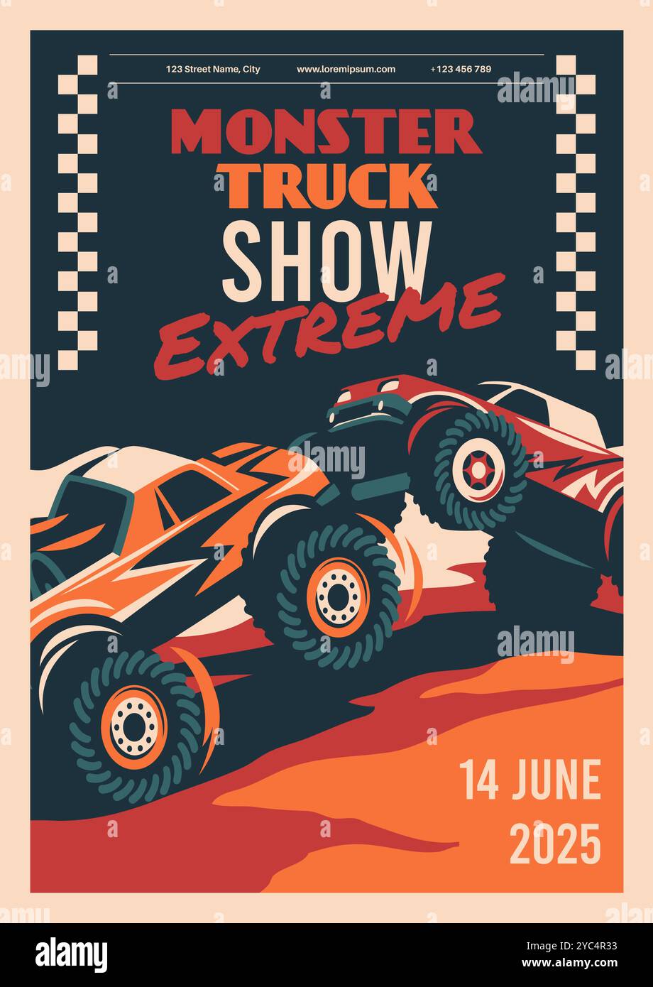 Heavy Cars Extreme american Show Poster. Monster Truck, Rennen, Hindernisse überwinden, Einladungsbanner, große Räder. Automobilrennen-Meisterschaft Stock Vektor