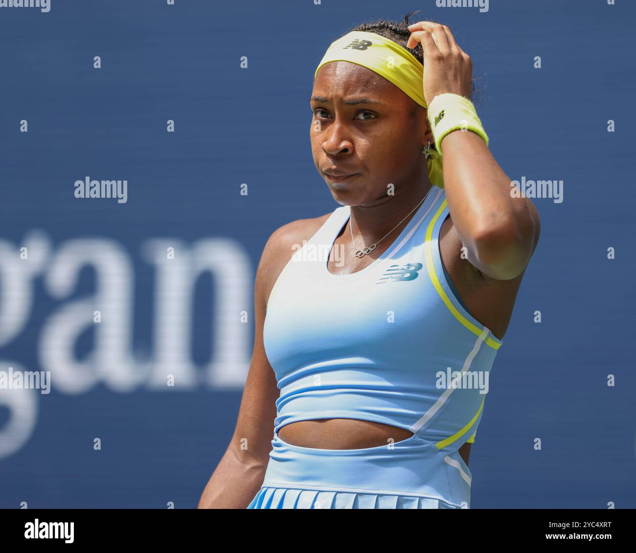 Tennisspieler Coco Gauff, der bei den US Open 2024 Championships skeptisch ist, Billie Jean King Tennis Center, Queens, New York, USA. Stockfoto