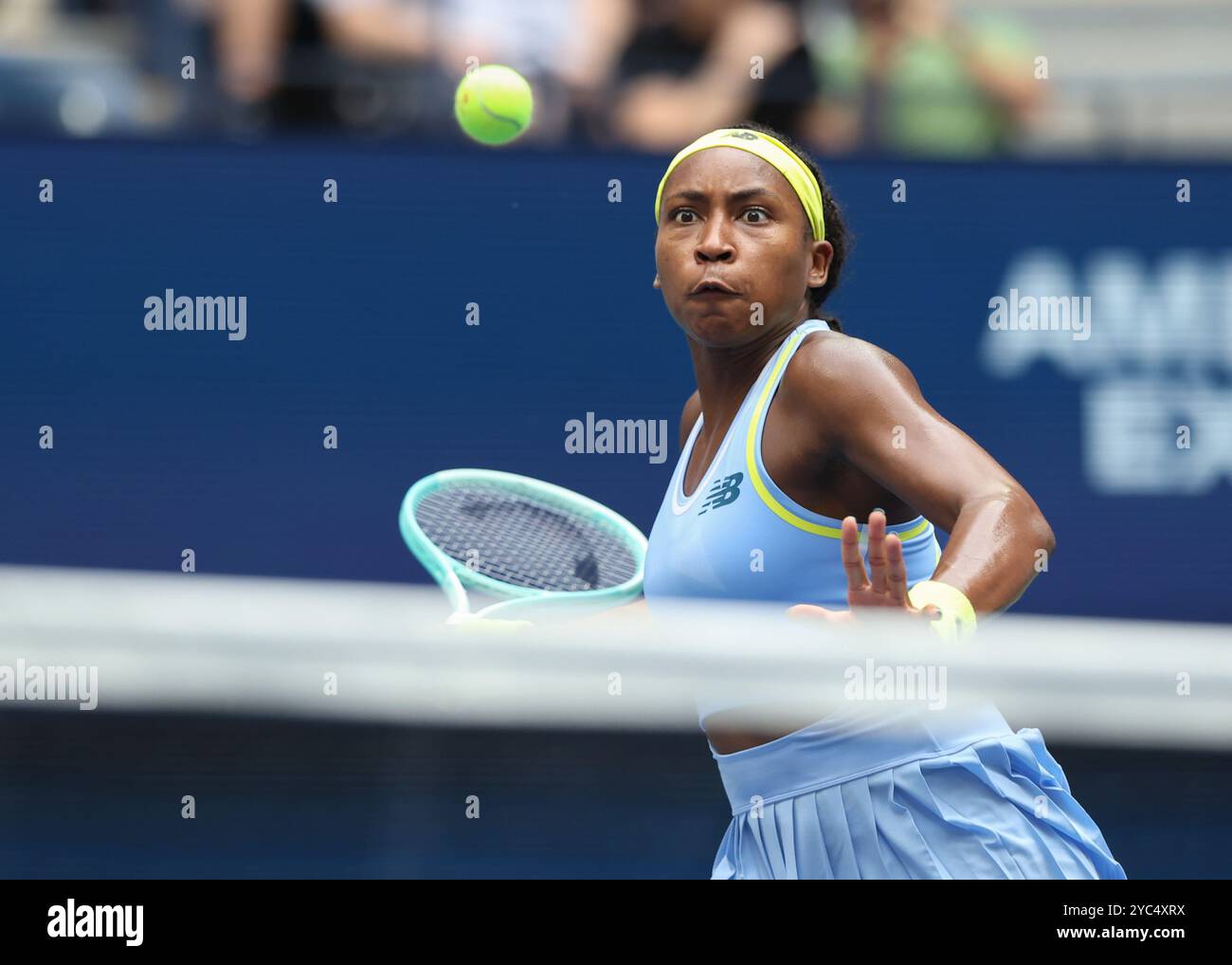 Tennisspieler Coco Gauff in Aktion bei den US Open 2024 Championships, Billie Jean King Tennis Center, Queens, New York, USA. Stockfoto