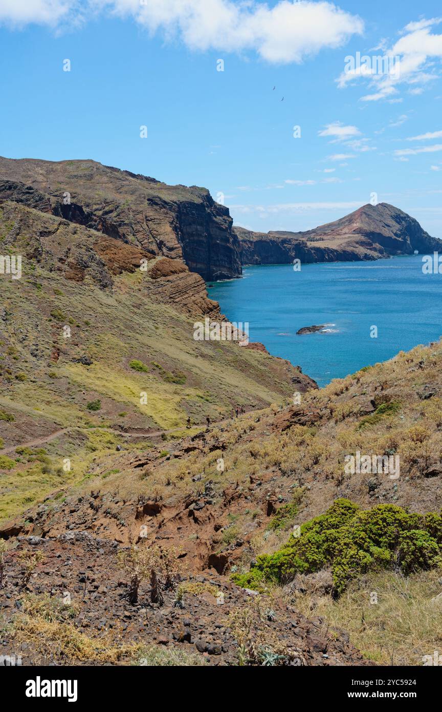 Majestätische Klippen mit Blick auf das türkisfarbene Wasser entlang der Vereda da Ponta de São Lourenco, unter einem hellblauen Himmel Stockfoto