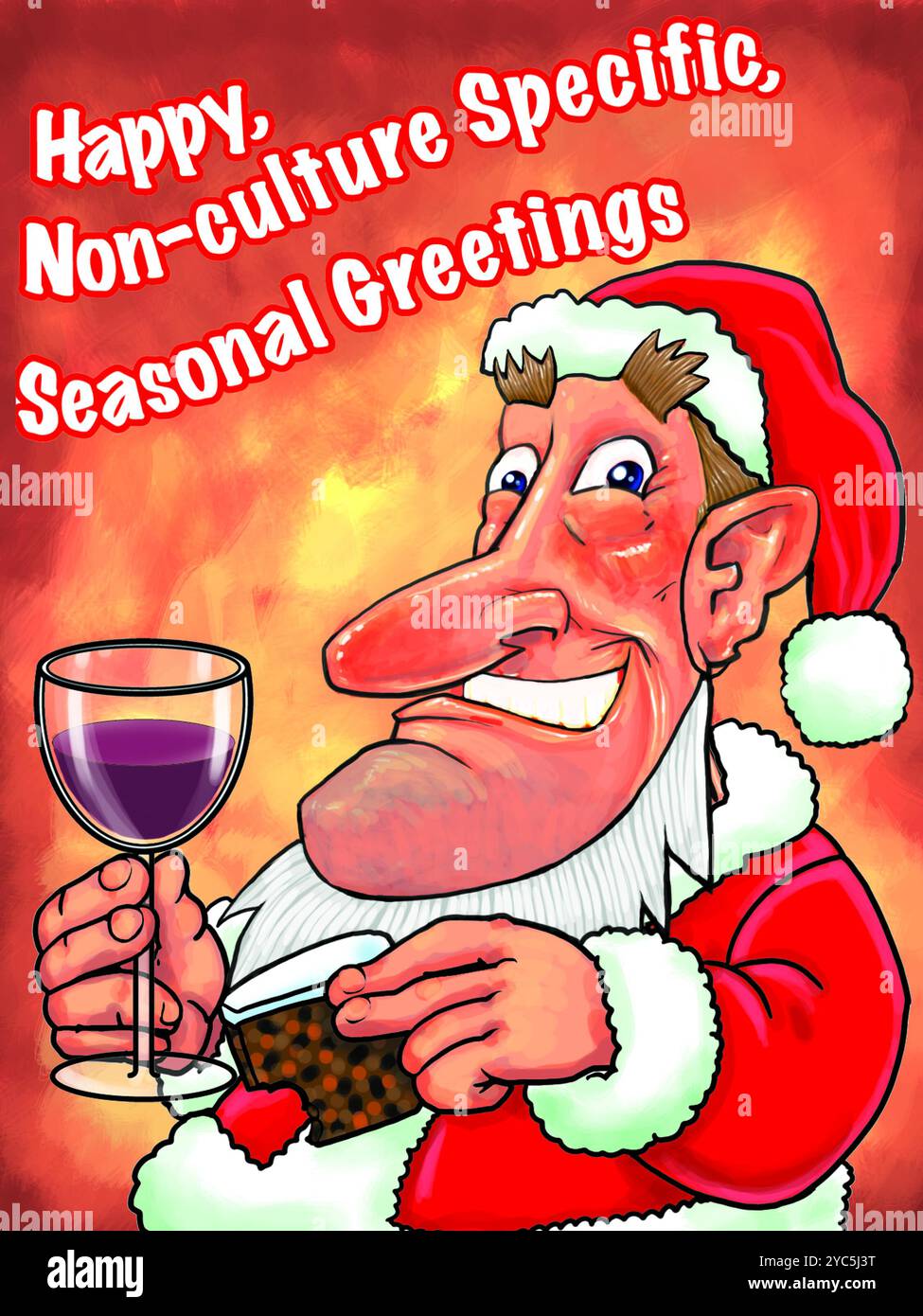 Weihnachtskarte, festlicher Zeichentrick, fröhliche, nicht kulturspezifische saisonale Grüße passen auch zur Illustration der Kulturkriege „war on Christmas“-Features Stockfoto