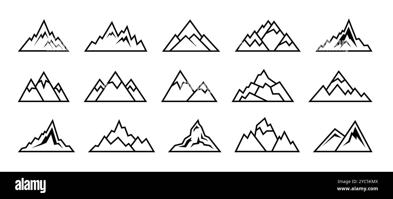 Peak-Symbol. Schnee-Felsen-Gipfel, everest-Eishügel oder geologische Expeditionssilhouette. Hoch oben in den Himmel, auf Reisen oder beim Sport. Extreme Wanderlinie dekorative isolierte Elemente. Illustration des Symbols im Vektor-Querformat Stock Vektor