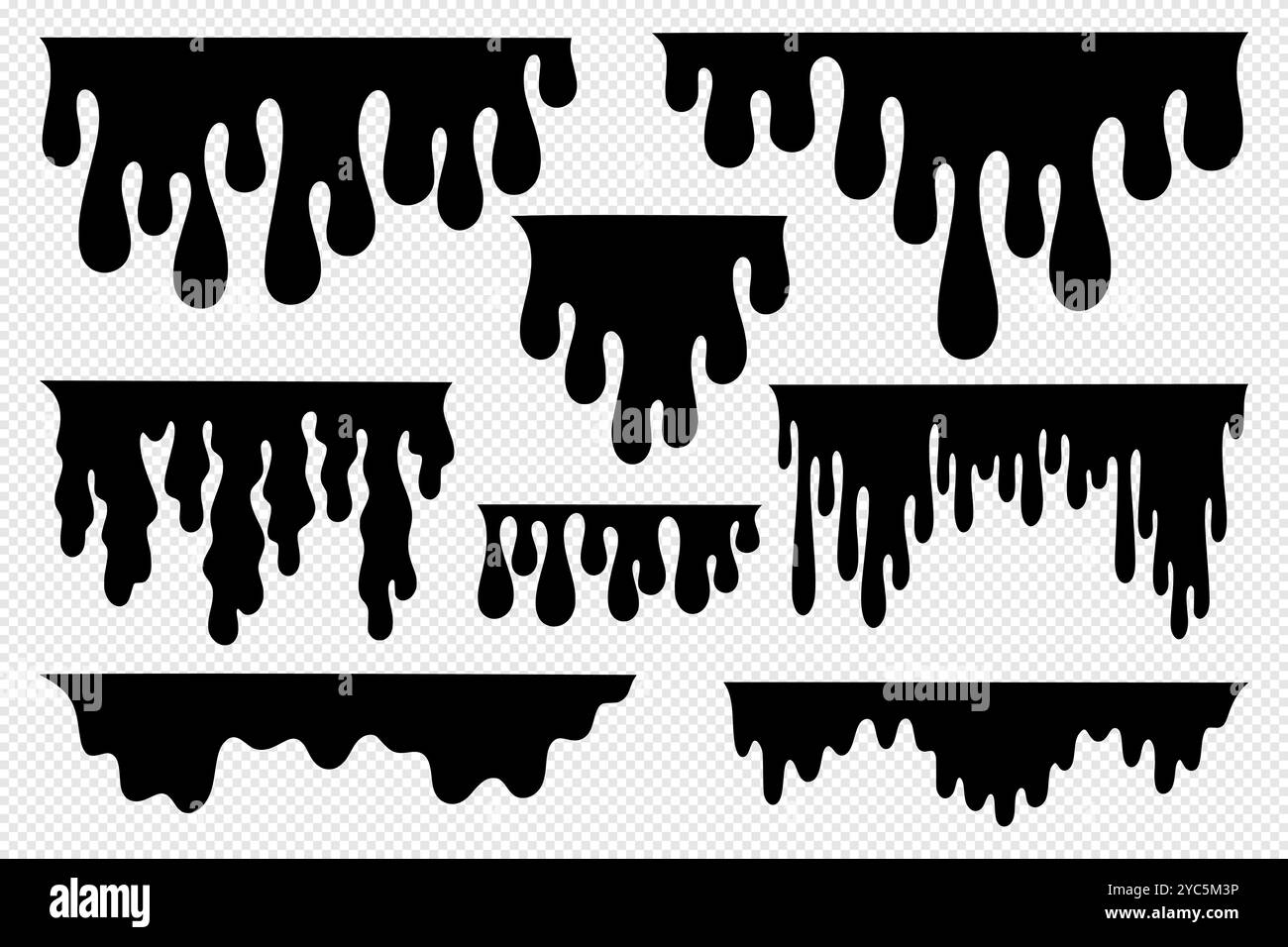 Lack tropft. Schmelzende Tröpfchen. Flüssigkeitsfluss. Tropfen. Öl oder Blutspritzer. Honigsauce. Sirup- oder Tintenflüssigkeitsstruktur. Schwarze Silhouetten. Undichte Klumpen. Spritzer-Streams. Vektorelemente festgelegt Stock Vektor