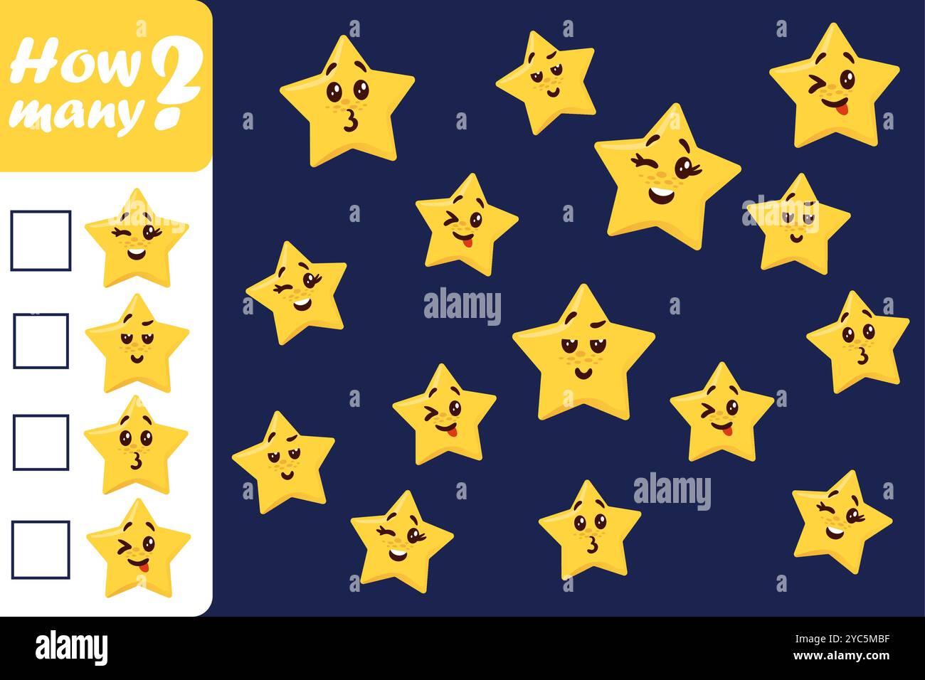Wie viele Sterne. Arbeitsblatt für Vorschulkinder. Test der Arbeitsmappe. Mathematische Zählung. Sortiertest. Logikspiel für Kinder. Identisches Emoji wird gesucht. Lustige Emoticons. Sternenklare Gesichter. Pädagogisches Vektor-Puzzle-Design Stock Vektor