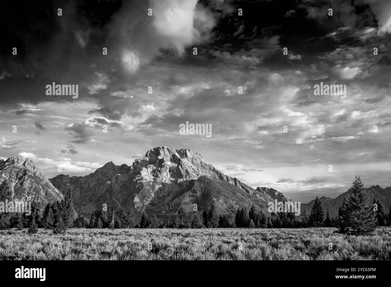 WY05750-00-BW..... WYOMING - Sonnenaufgangslicht am Mount Moran, von der Mountain View-Wendeplatte im Grand Teton-Nationalpark aus gesehen. Stockfoto