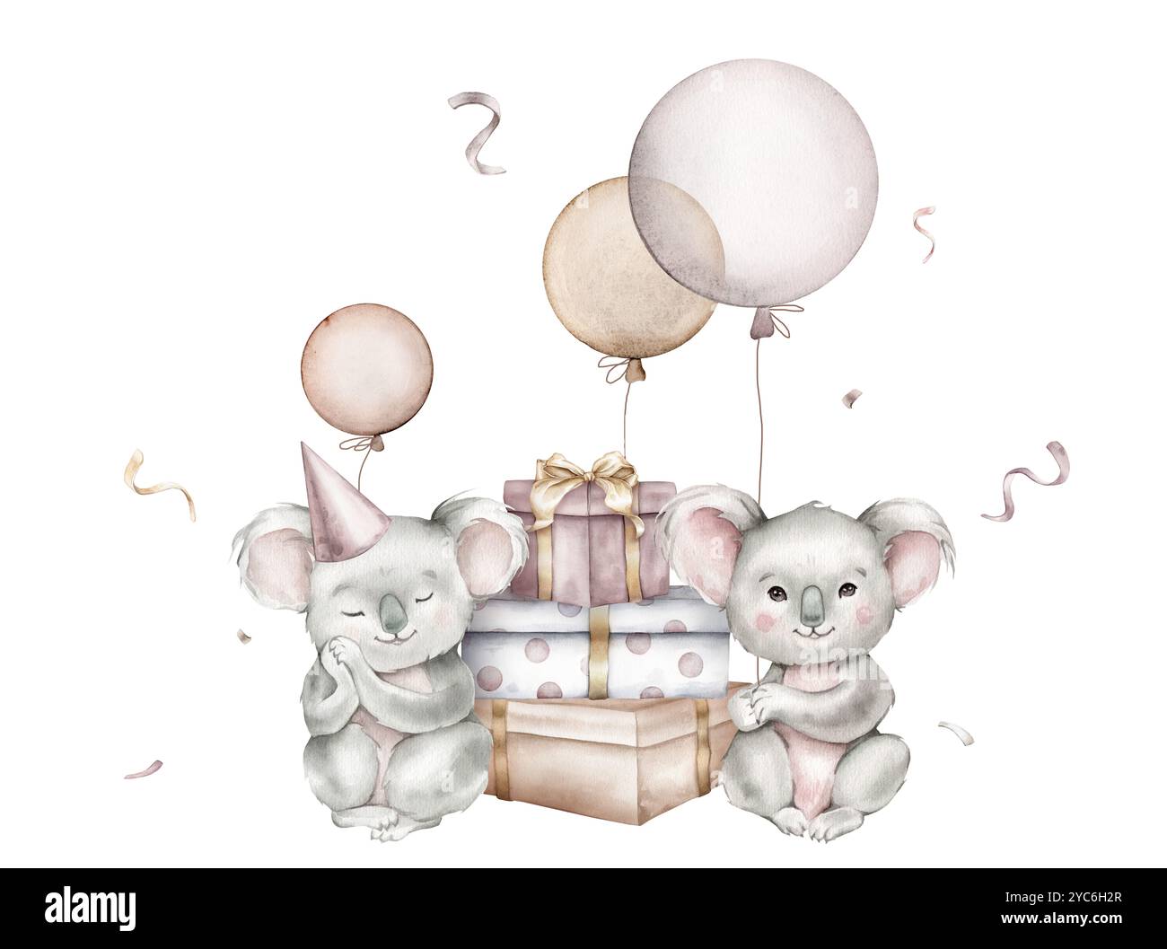 Aquarell Koala und Ballons und Set Geschenke mit Schleife auf isoliertem Hintergrund. Handgezeichnete Illustration für Grußkarten Stapel Geschenkboxen für Stockfoto