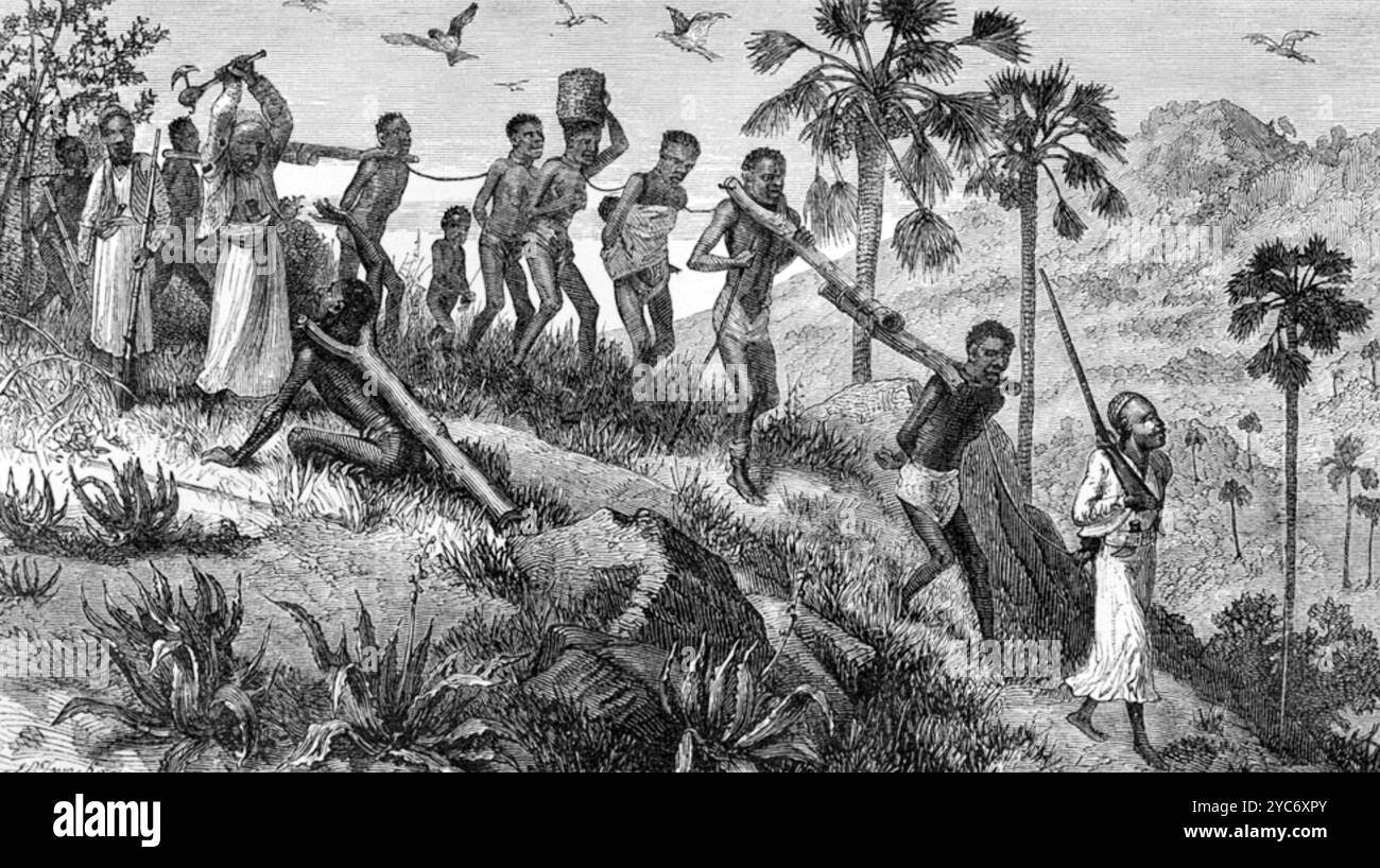 SKLAVENHANDEL ein arabischer Sklavenhändler führt eine Gruppe männlicher und weiblicher Sklaven entlang des Ruvuma River in einem Gravur von 1866. Heute bildet der Fluss einen Teil der Grenze zwischen Mosambik und Tansania. Stockfoto