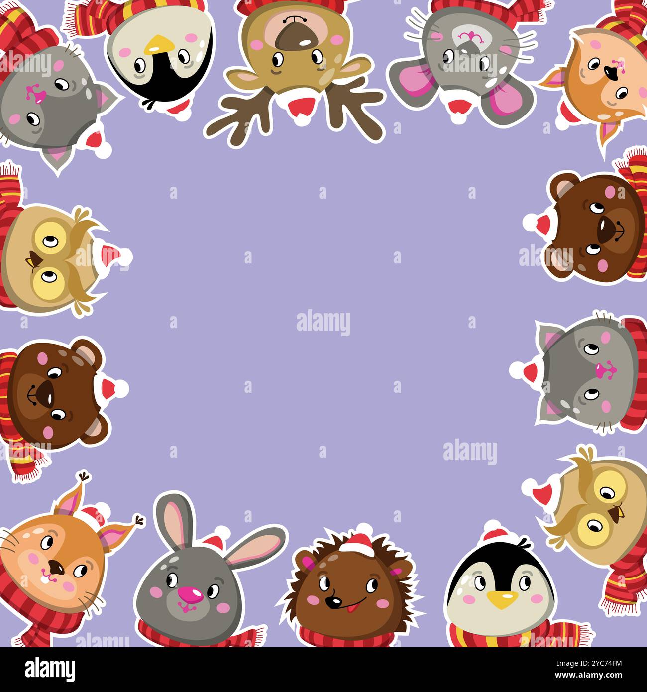 Kinder weihnachtsposter Tiere. Silvester-Rahmen mit den Charakteren Pinguin, Hase, Eule, Hirsch, Eichhörnchen und Maus. Vorlage für Ihr Design. Stock Vektor