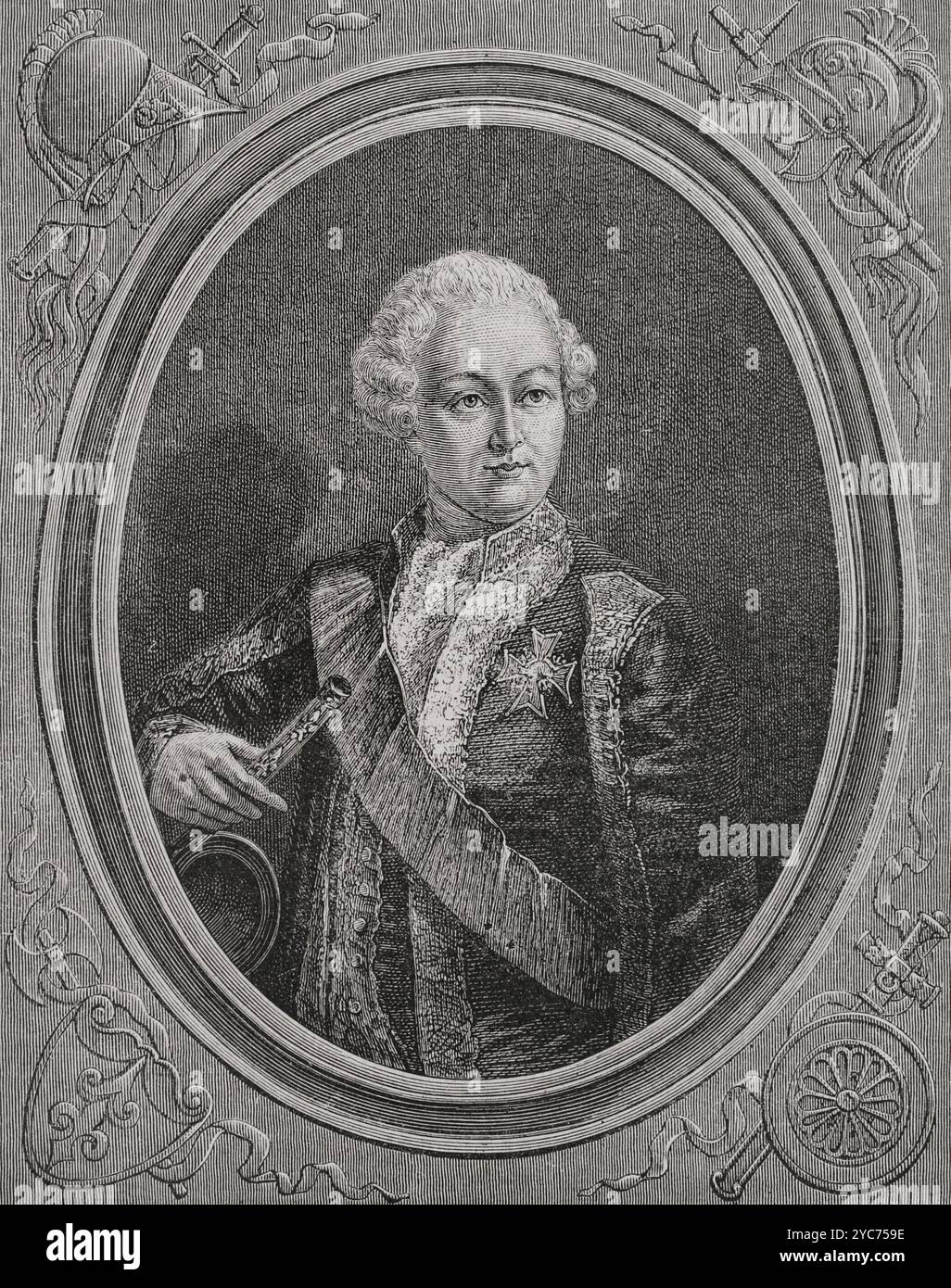 Victor-Francois de Broglie (1718–1804), 2. Herzog von Broglie. Aristokrat und Marschall von Frankreich. Er nahm am Österreichischen Erbfolgekrieg, am Siebenjährigen Krieg, am Amerikanischen Unabhängigkeitskrieg und an den Französischen Unabhängigkeitskriegen Teil. Er war einer der Führer der Armée des émigrés (Armee der Emigranten), die versuchte, sich der Französischen Revolution zu widersetzen. Hochformat. Zeichnung von Hippolyte de la Charlerie. Stich von Pannemaker. "Geschichte der Französischen Revolution". Band I, 1876. Stockfoto