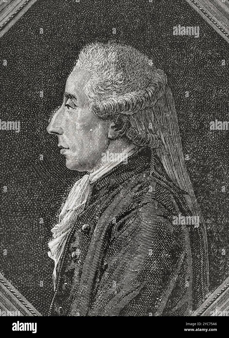 Jean Sylvain Bailly (1736-1793). Französischer Politiker, Wissenschaftler und Akademiker. Bürgermeister von Paris (1789-1791). Am 12. Mai 1789 wurde er zum ersten Stellvertreter des Dritten Landguts von Paris in den Generalstand gewählt. Präsident der Nationalversammlung (17. Juni bis 3. Juli 1798). Während des Prozesses gegen Marie-Antoinette zur Aussage berufen, weigerte er sich, gegen sie auszusagen und setzte zu ihren Gunsten ab, was zu seinem Prozess am 11. November 1793 führte, zur Guillotine verurteilt und am folgenden Tag hingerichtet wurde. Hochformat. Zeichnung von Hippolyte de la Charlerie. Stich von Pannemaker. "Geschichte der Französischen Revolution". Band I, 1876. Stockfoto