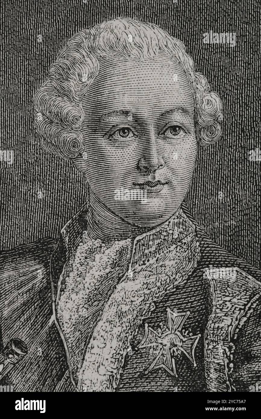 Victor-Francois de Broglie (1718–1804), 2. Herzog von Broglie. Aristokrat und Marschall von Frankreich. Er nahm am Österreichischen Erbfolgekrieg, am Siebenjährigen Krieg, am Amerikanischen Unabhängigkeitskrieg und an den Französischen Unabhängigkeitskriegen Teil. Er war einer der Führer der Armée des émigrés (Armee der Emigranten), die versuchte, sich der Französischen Revolution zu widersetzen. Hochformat. Zeichnung von Hippolyte de la Charlerie. Stich von Pannemaker. Details. "Geschichte der Französischen Revolution". Band I, 1876. Stockfoto
