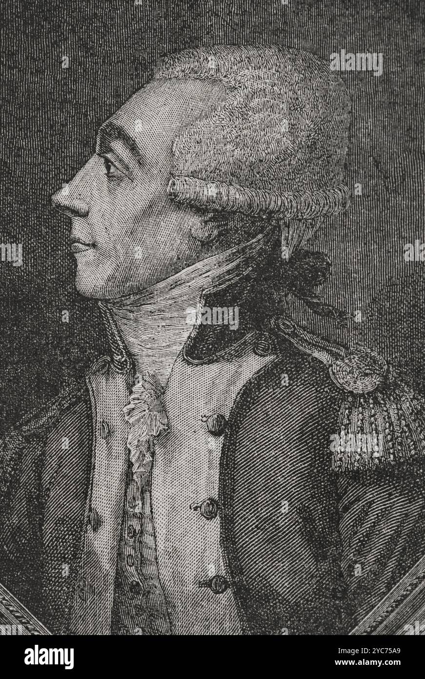 Gilbert du Motier de La Fayette, Marquis de la Fayette (1757-1834). Französischer Aristokrat, Offizier und Politiker. Er kämpfte als General gegen das britische Empire im Amerikanischen Unabhängigkeitskrieg. 1789 in die Generalstände gewählt. Hochformat. Gravur. "Geschichte der Französischen Revolution". Band I, 1876. Stockfoto