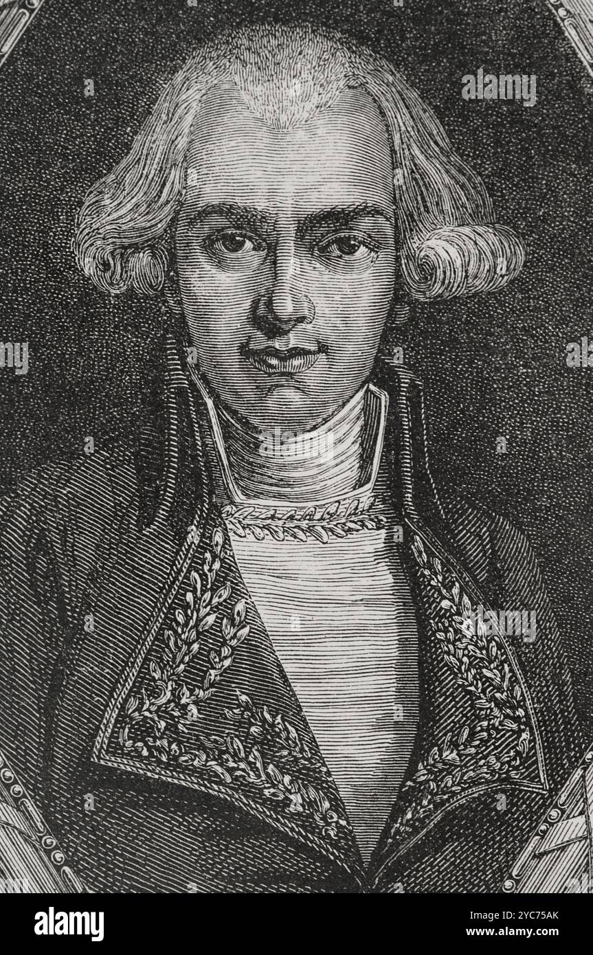 Jean-Joseph Mounier (1758-1806). Französischer Politiker und Jurist. Gewählter Abgeordneter des Drittstaates für die Dauphiné in die Generalstände von 1789. Er verteidigte die konstitutionelle Monarchie. Hochformat. Stich von Pannemaker. "Geschichte der Französischen Revolution". Band I, 1876. Stockfoto