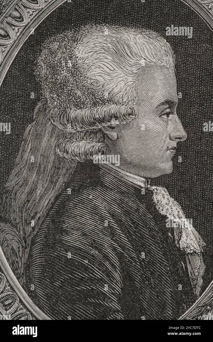 Jean-Jacques Duval d'Eprémesnil (1745-1794). Französischer Richter und Politiker. Stellvertreter der Generalstände vom 1789 (7. Mai 1789 bis 30. September 1791). Das Revolutionsgericht verurteilte ihn zur Guillotine. Hochformat. Zeichnung von Hippolyte de la Charlerie. Stich von Pannemaker. "Geschichte der Französischen Revolution". Band I, 1876. Verfasser: Hippolyte de la Charlerie (1827-1869). Belgischer Künstler. Stockfoto