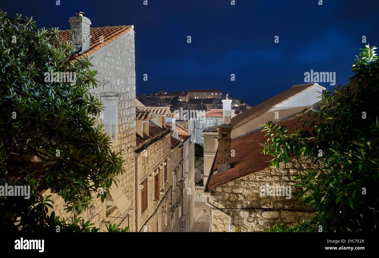 Die Altstadt von Dubrovnik bei Nacht, Kroatien. Stockfoto