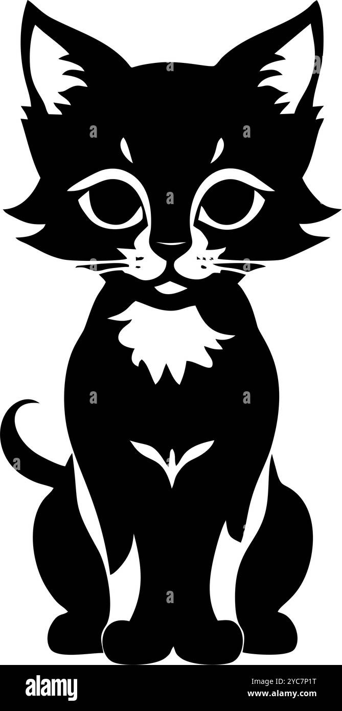Einfache schwarze grafische Zeichnung einer Katze, dekoratives Element, Logo Stockfoto