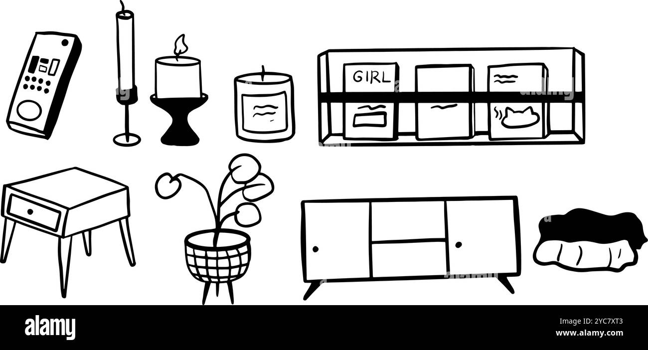 Wohnzimmer Objekt Set Illustration | minimalistischer Doodle Vektor für Haus- und Innendesign | Social Media Grafiken, Haus Renovierungsbroschüre Stock Vektor