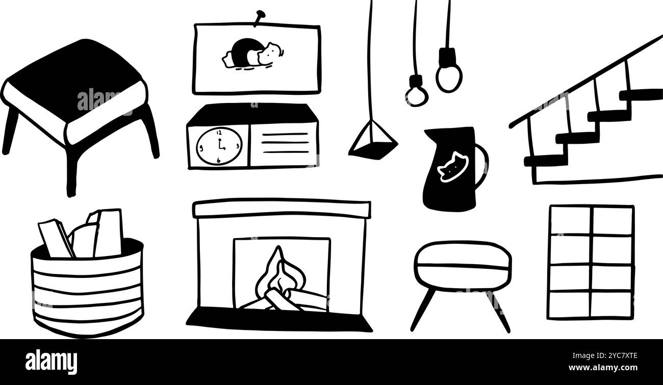 Wohnzimmer Objekt Set Illustration | minimalistischer Doodle Vektor für Haus- und Innendesign | Social Media Grafiken, Haus Renovierungsbroschüre Stock Vektor