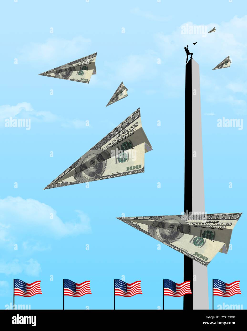 Eine Figur auf dem Washington Monument wirft hundert Dollar-Scheine, die von der Spitze des Denkmals in Papierflugzeuge gefaltet werden. Dies ist eine 3D-Illustration Stockfoto