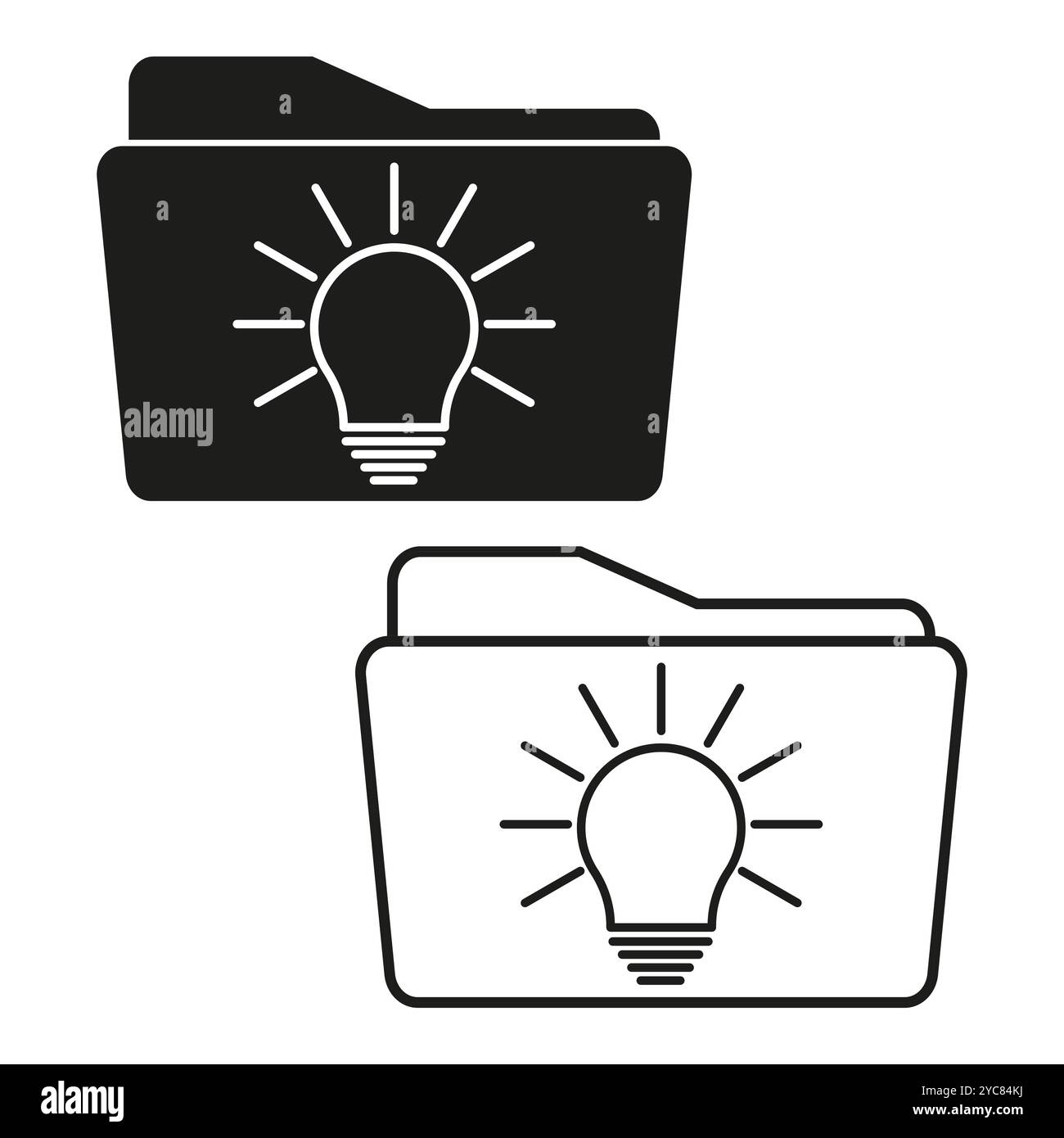 Zwei Ordnersymbole mit einer Glühbirne im Inneren, die Ideen oder Konzepte darstellen, in Schwarz-weiß dargestellt. Stock Vektor
