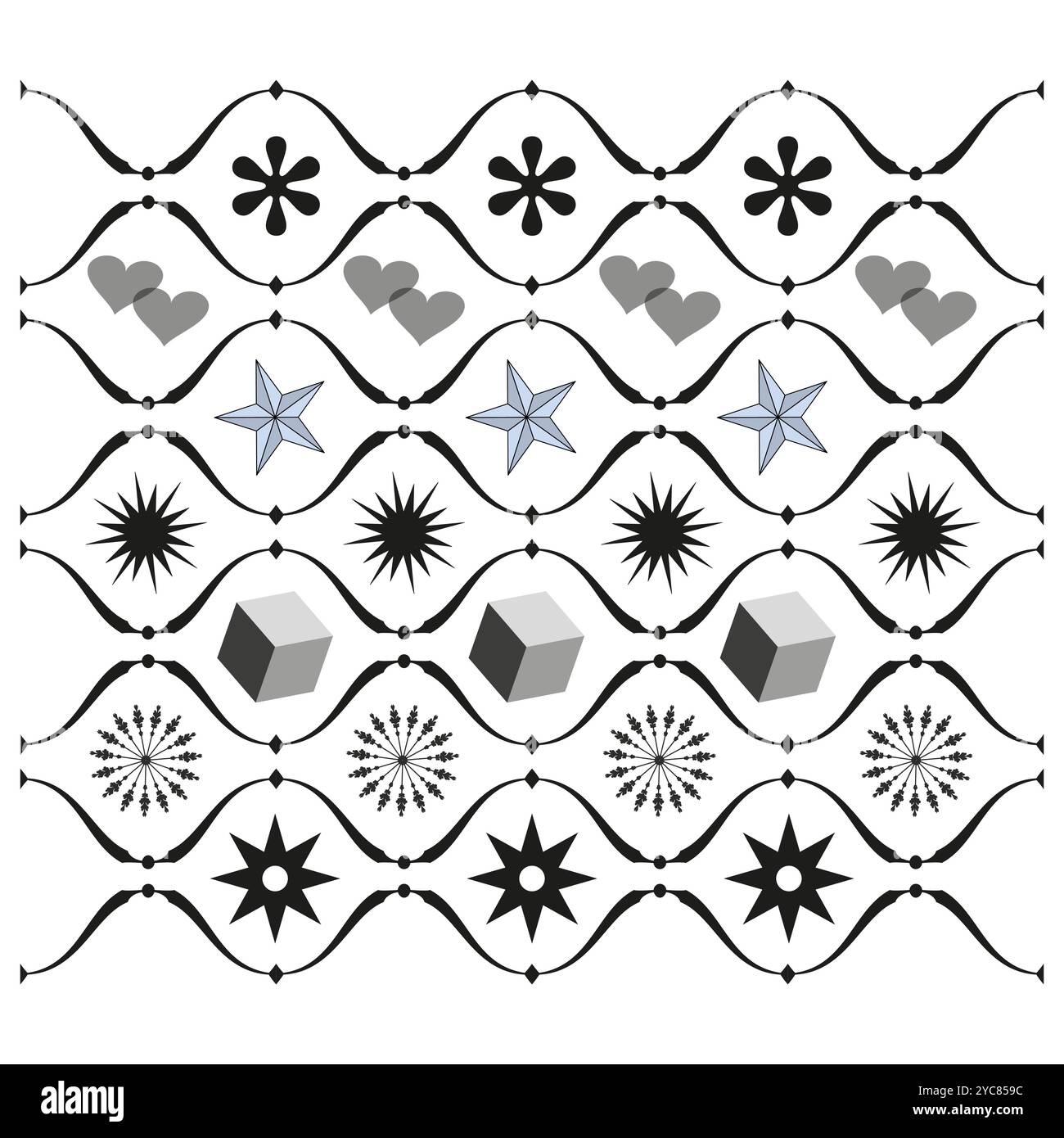 Gemusterte Symbole festgelegt. Abstrakte Formen und Sterne. Geometrischer dekorativer Vektor. Schwarzweiß-Grafik. Stock Vektor