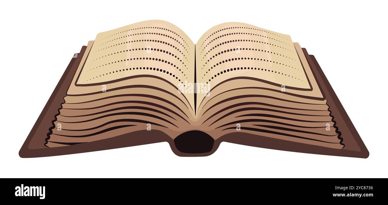 Altes beigefarbenes offenes Buch mit abstraktem Text, dunkler Akademieliteratur, dickes Vintage-Tagebuch, Vektorfarbillustration isoliert auf weiß Stock Vektor