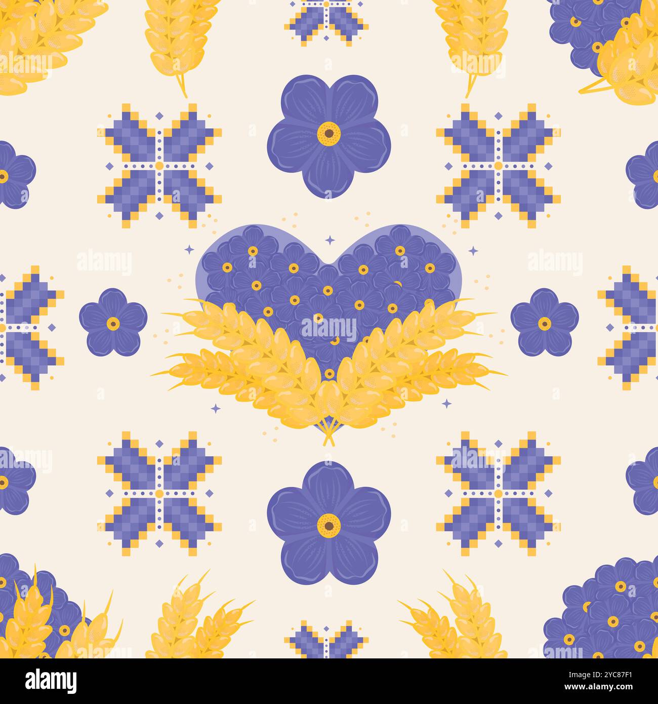 Helles blaues und gelbes nahtloses Muster im ukrainischen Stil, Vektorfarbe wiederholen Hintergrund. Blaue Blumen vergessen mich nicht, nationale Stickereien und Ohren o Stock Vektor